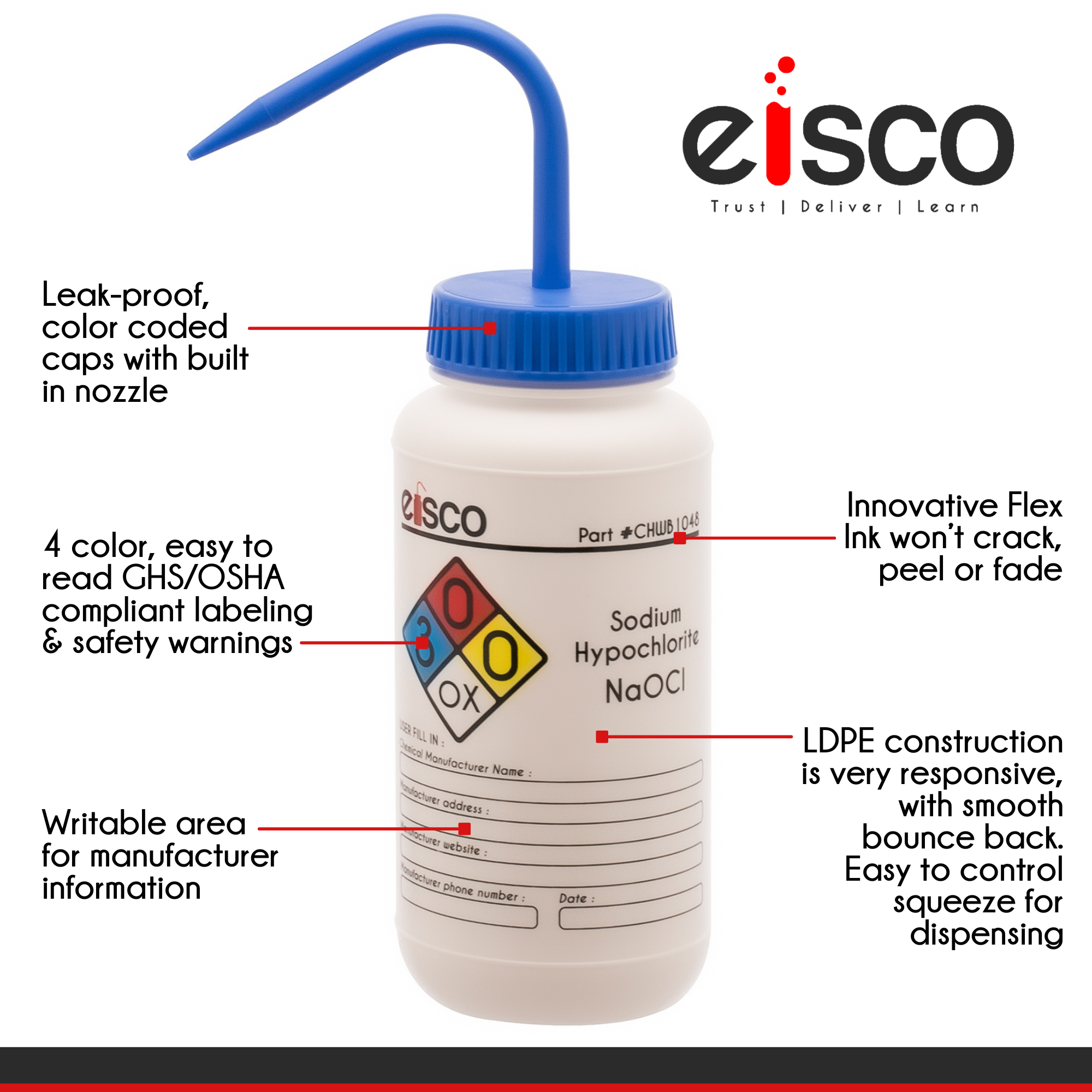 Performance Plastic Wash Bottle, Sodium Hypochlorite (Bleach), 1000 ml - Labeled (4 Color)