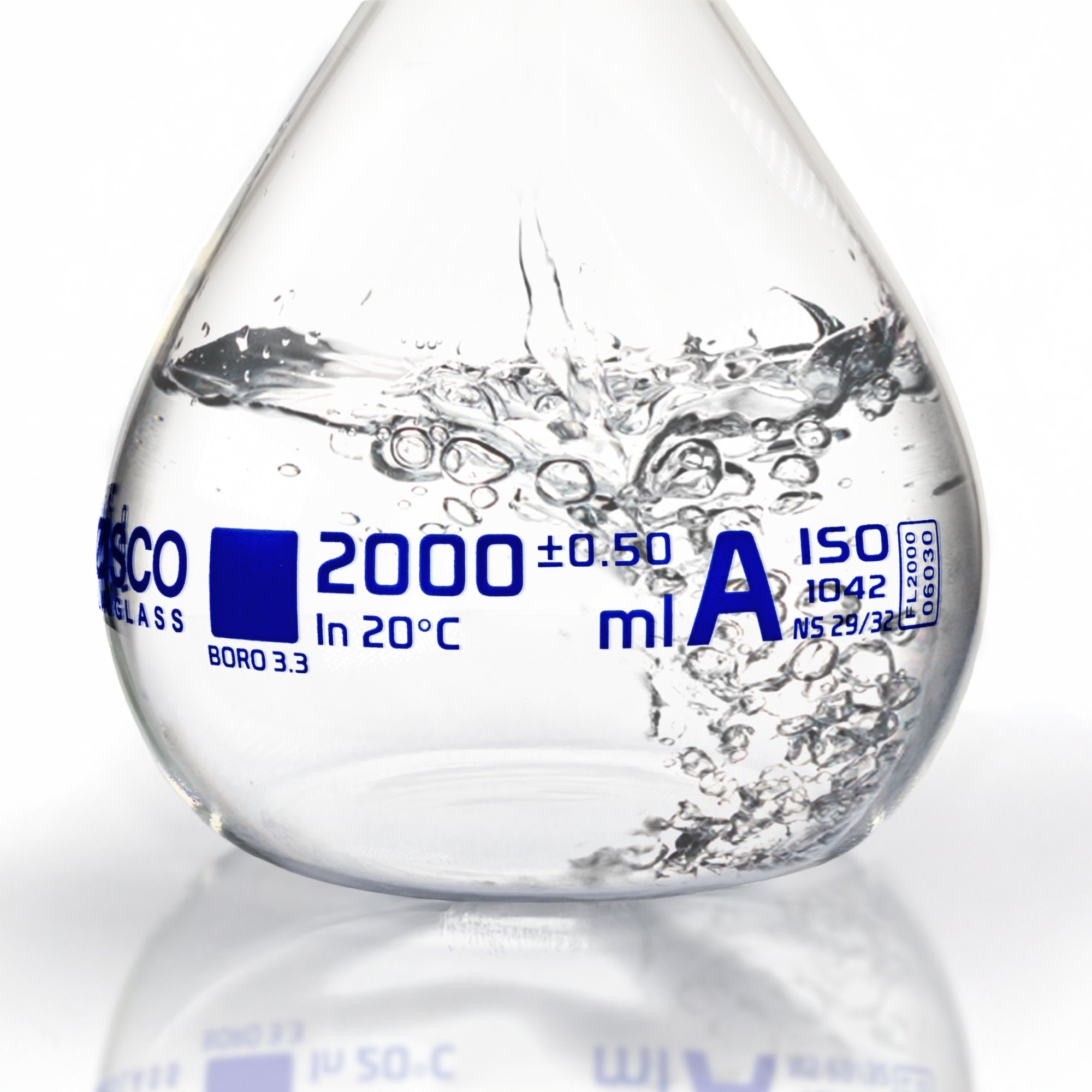 Borosilicate Glass Volumetric Flask with Solid Glass Stopper, 2000 ml, USP Class A with Individual Work Certificate, Autoclavable
