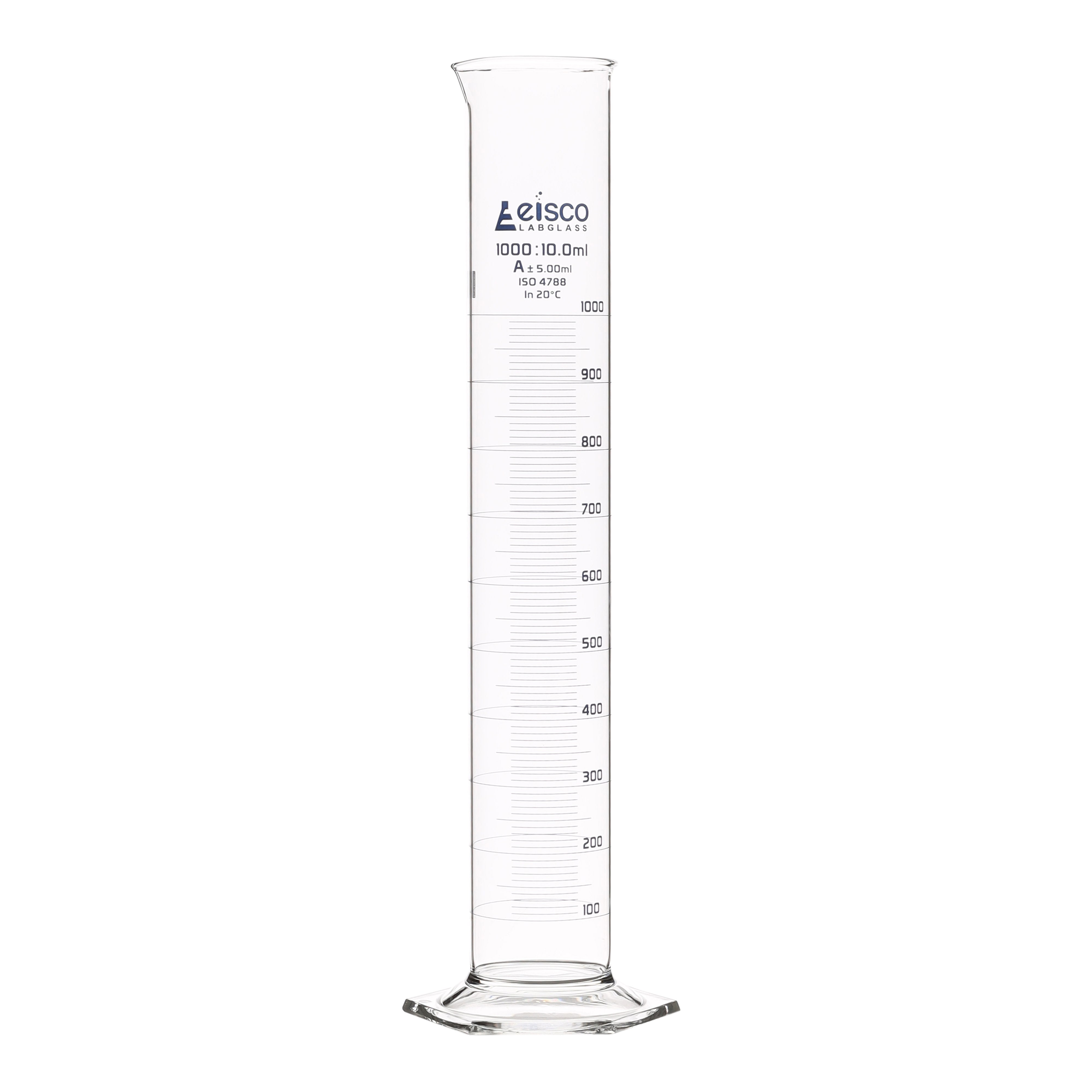 Borosilicate Glass Graduated Cylinder, 1000 ml, 10 ml Graduation, Class A, Autoclavable
