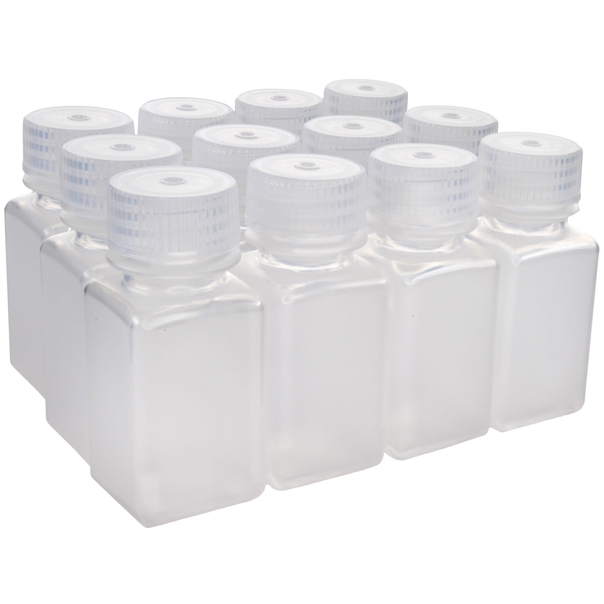 Pack of 12, 60mL Square Polypropylene Reagent Bottles with Wide Mouth Polypropylene Caps, Translucent, Autoclavable