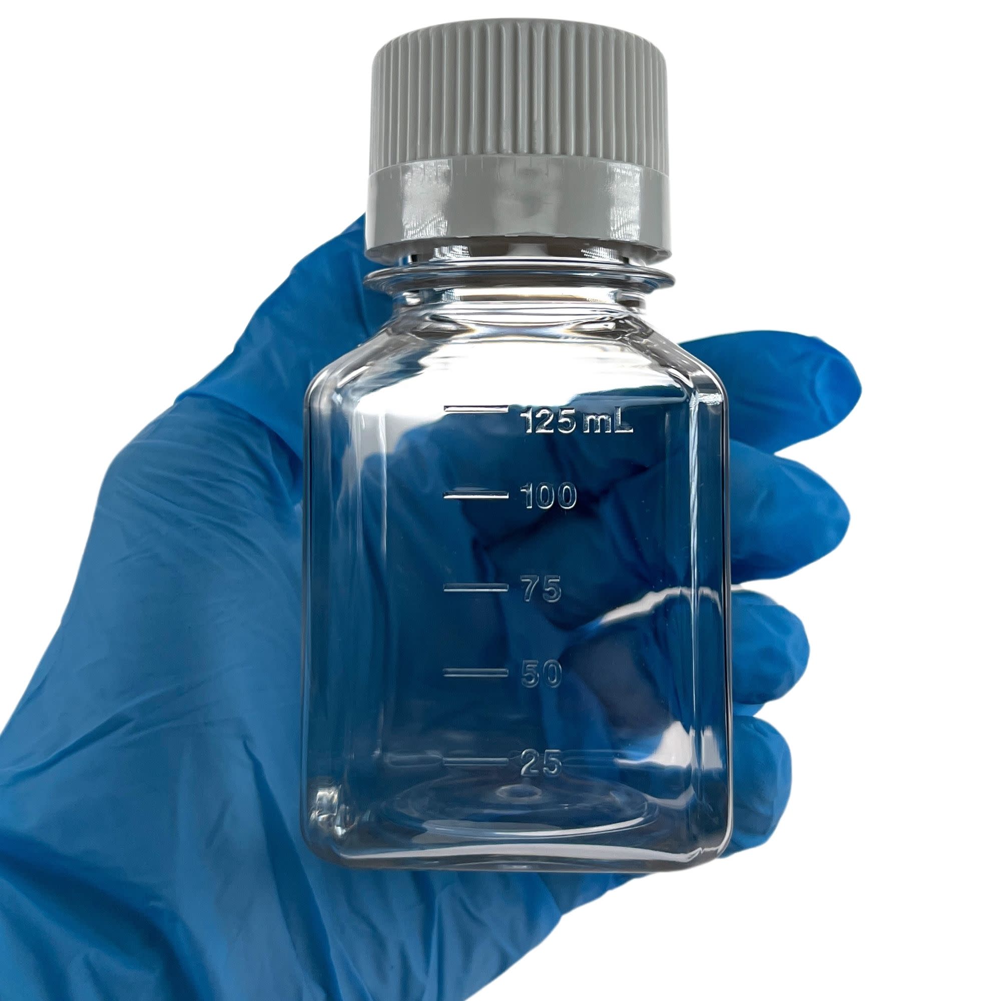 Pack of 24, 125mL PETG Media Bottles with HDPE Caps, Non-Sterile, Square, Leakproof, Tamper-Evident, Laboratory-Grade