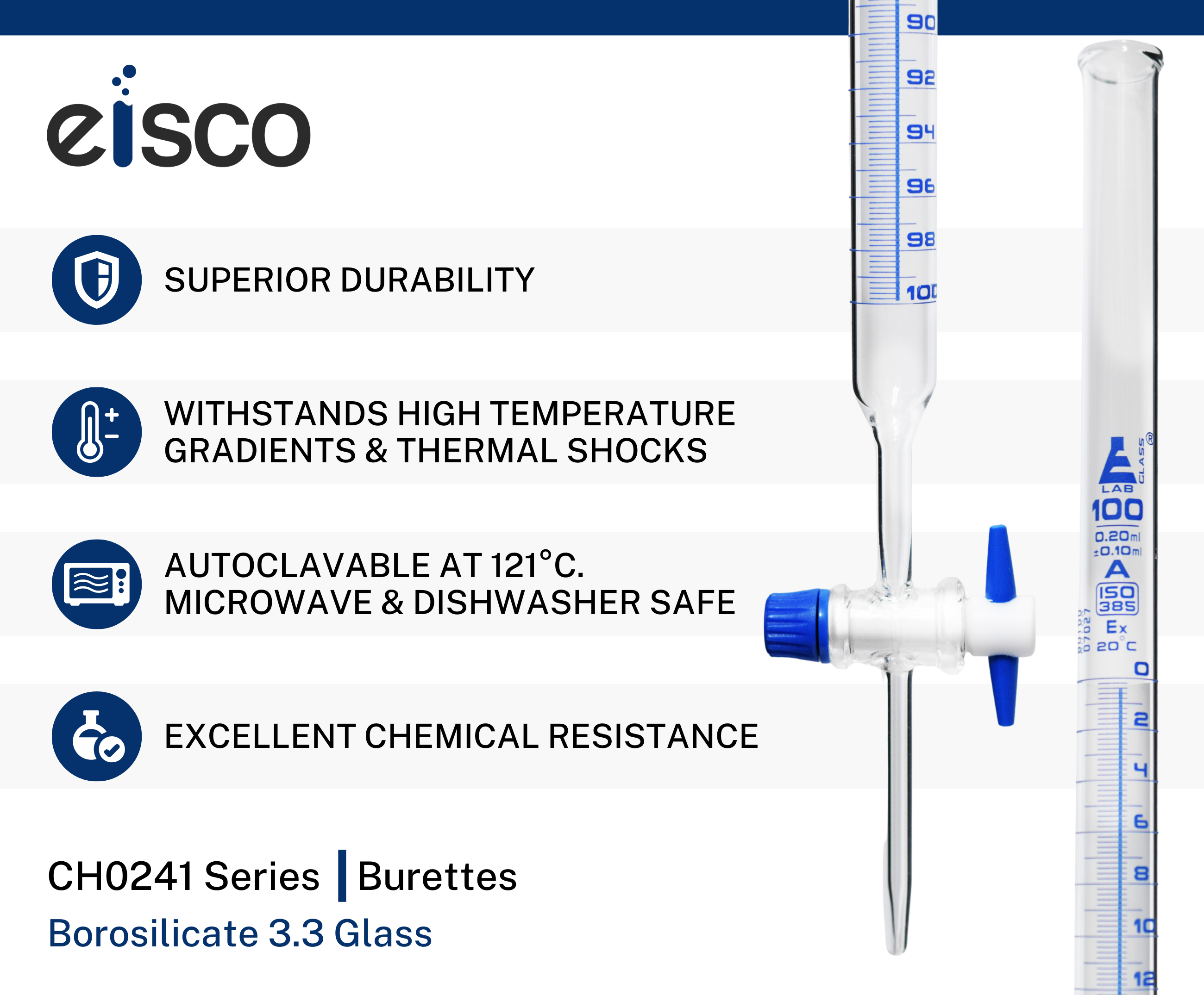 Schellbach Glass ASTM Graduated Burette with PTFE Stopcock, 100 ml, 0.20 ml Graduation, Class A