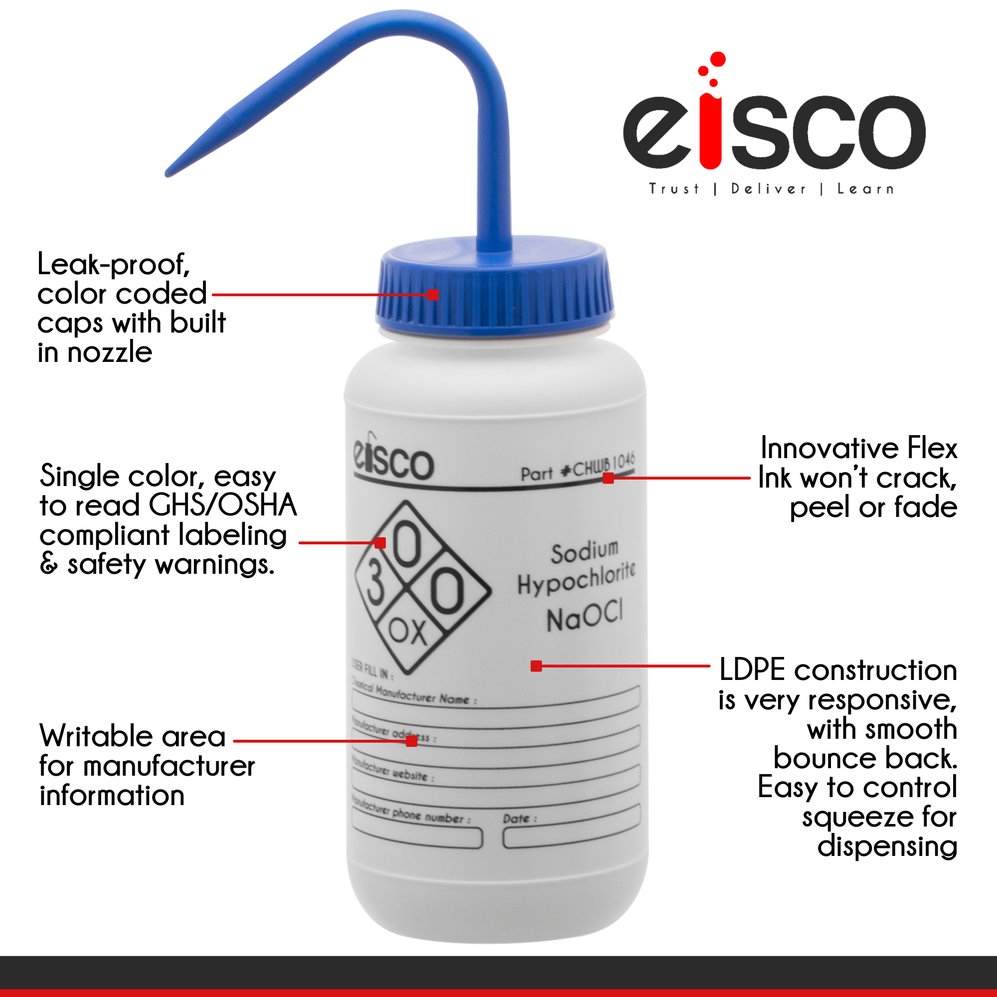 2PK Performance Plastic Wash Bottle, Sodium Hypochlorite (Bleach), 500 ml - Labeled (1 Color)