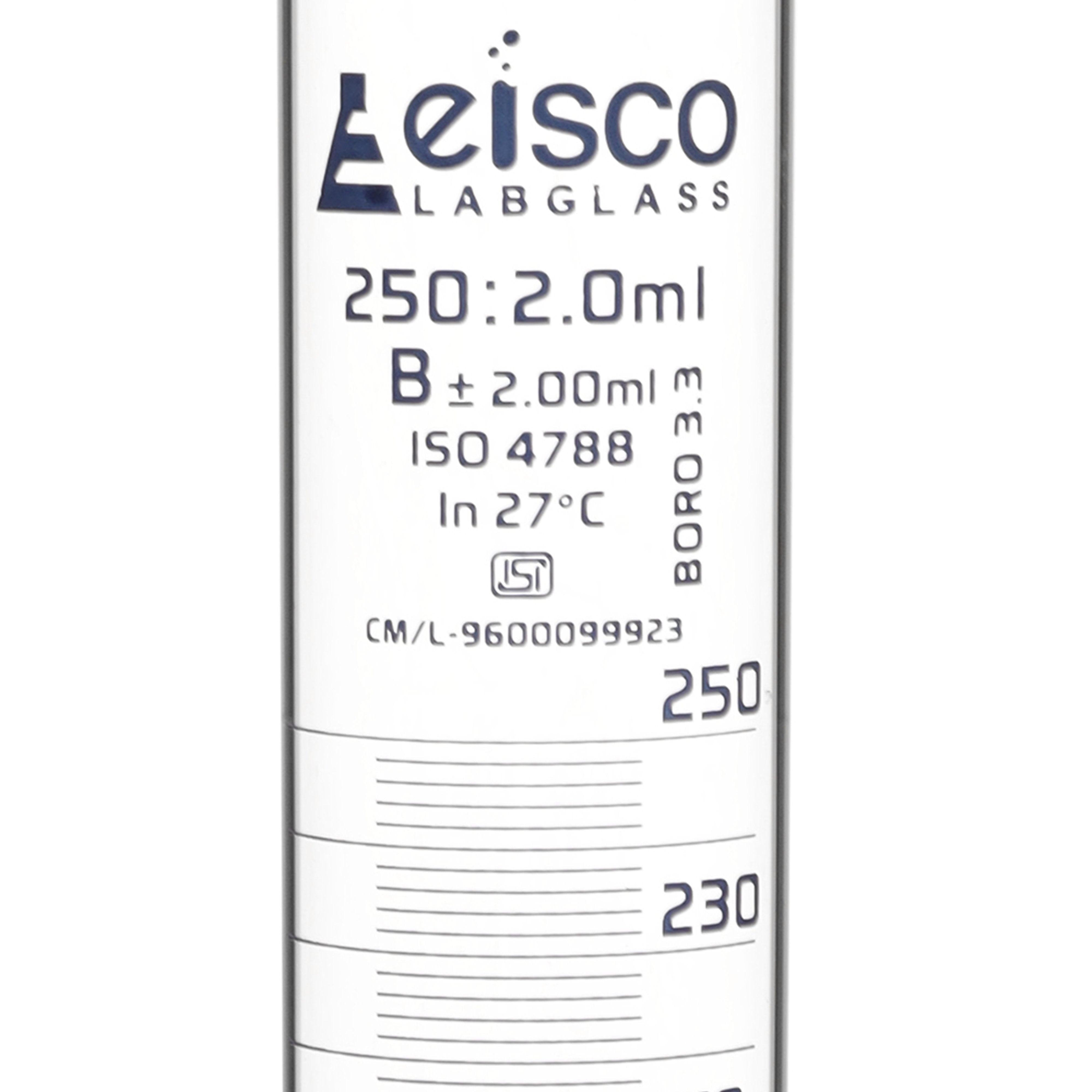 Borosilicate Glass Graduated Cylinder, 250 ml, 2.0 ml Graduation, Class B, Autoclavable