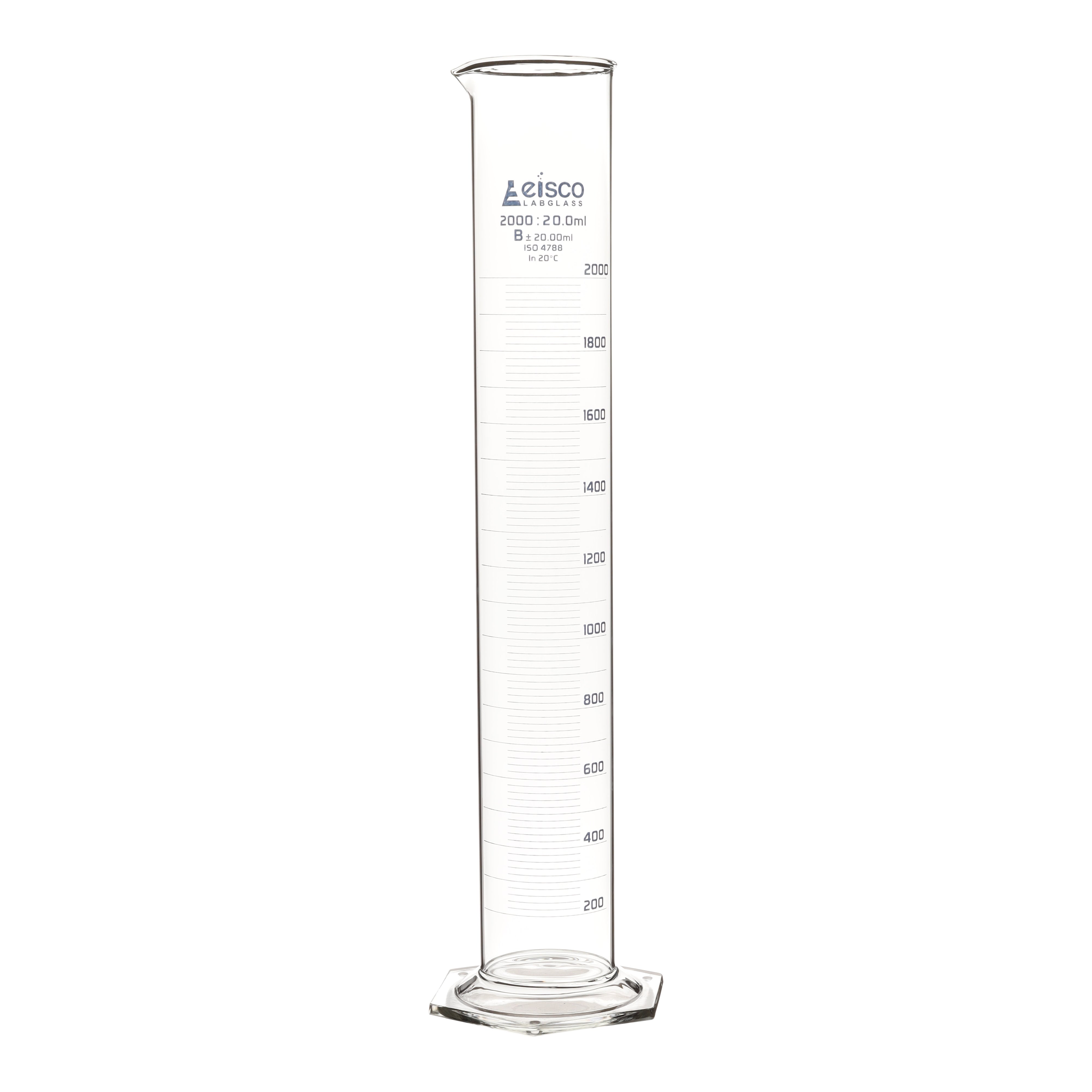 Borosilicate Glass Graduated Cylinder, 2000 ml, 20.0 ml Graduation, Class B, Autoclavable