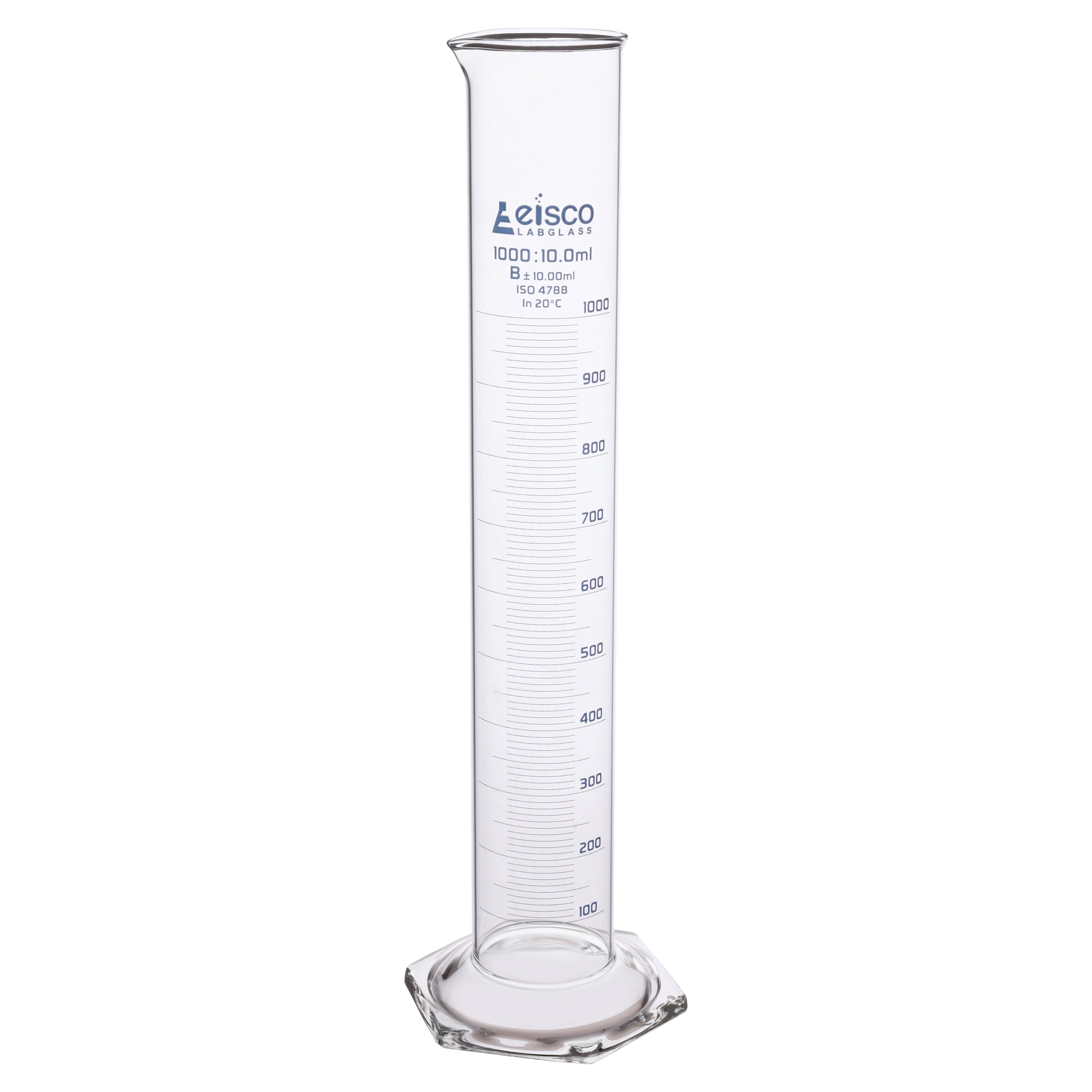 Borosilicate Glass Graduated Cylinder, 1000 ml, 10.0 ml Graduation, Class B, Autoclavable