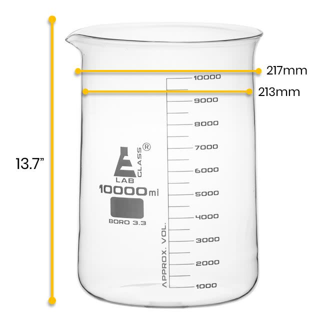 Borosilicate Low Form Beaker, 10000ml, 500ml Graduation, Autoclavable