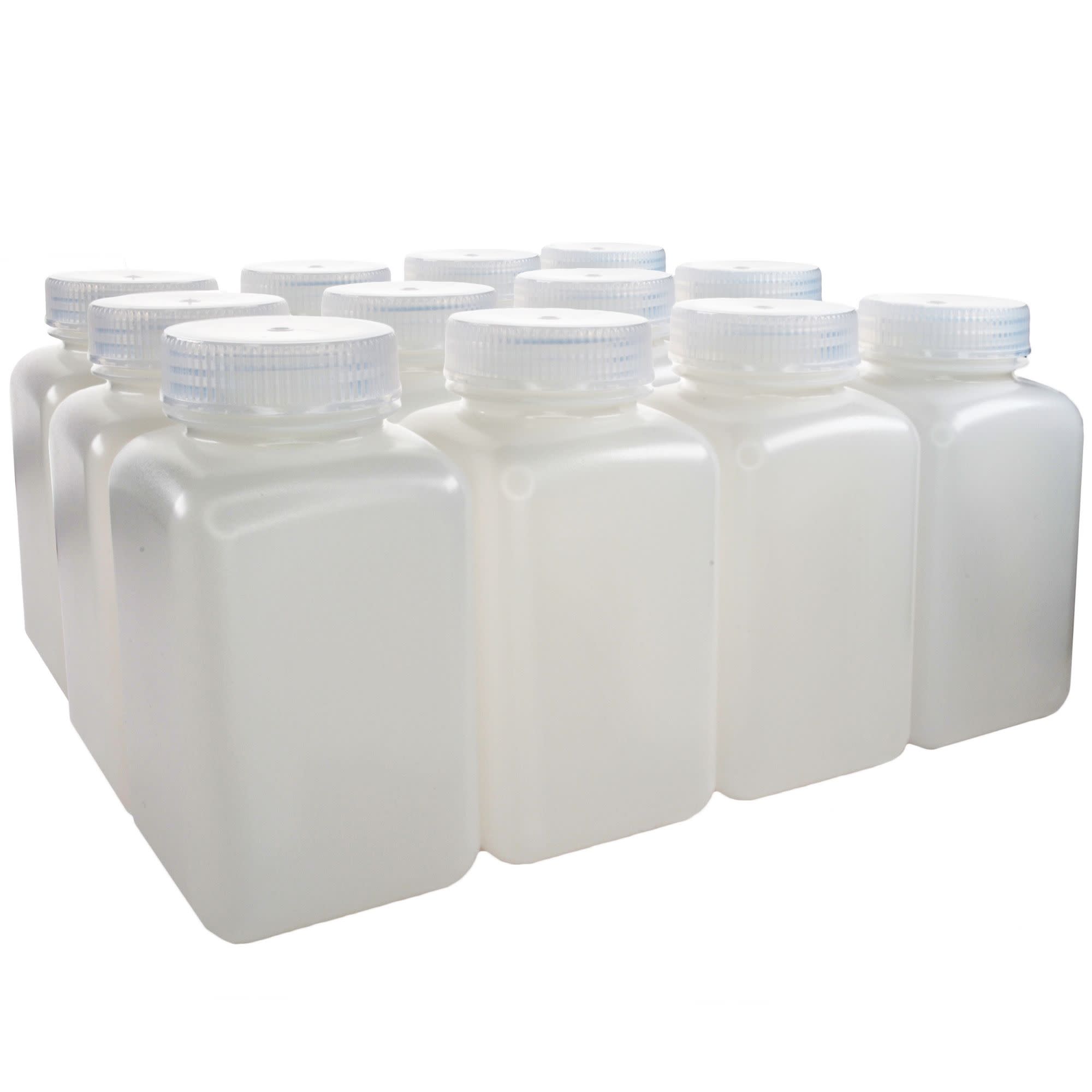 Pack of 12, Sterile 500mL Square HDPE Reagent Bottles with Wide Mouth Polypropylene Caps, Translucent