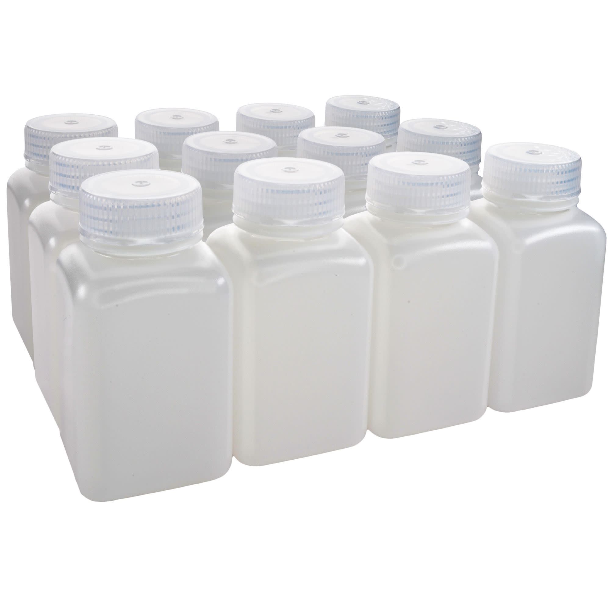 Pack of 12, Sterile 175mL Square HDPE Reagent Bottles with Wide Mouth Polypropylene Caps, Translucent