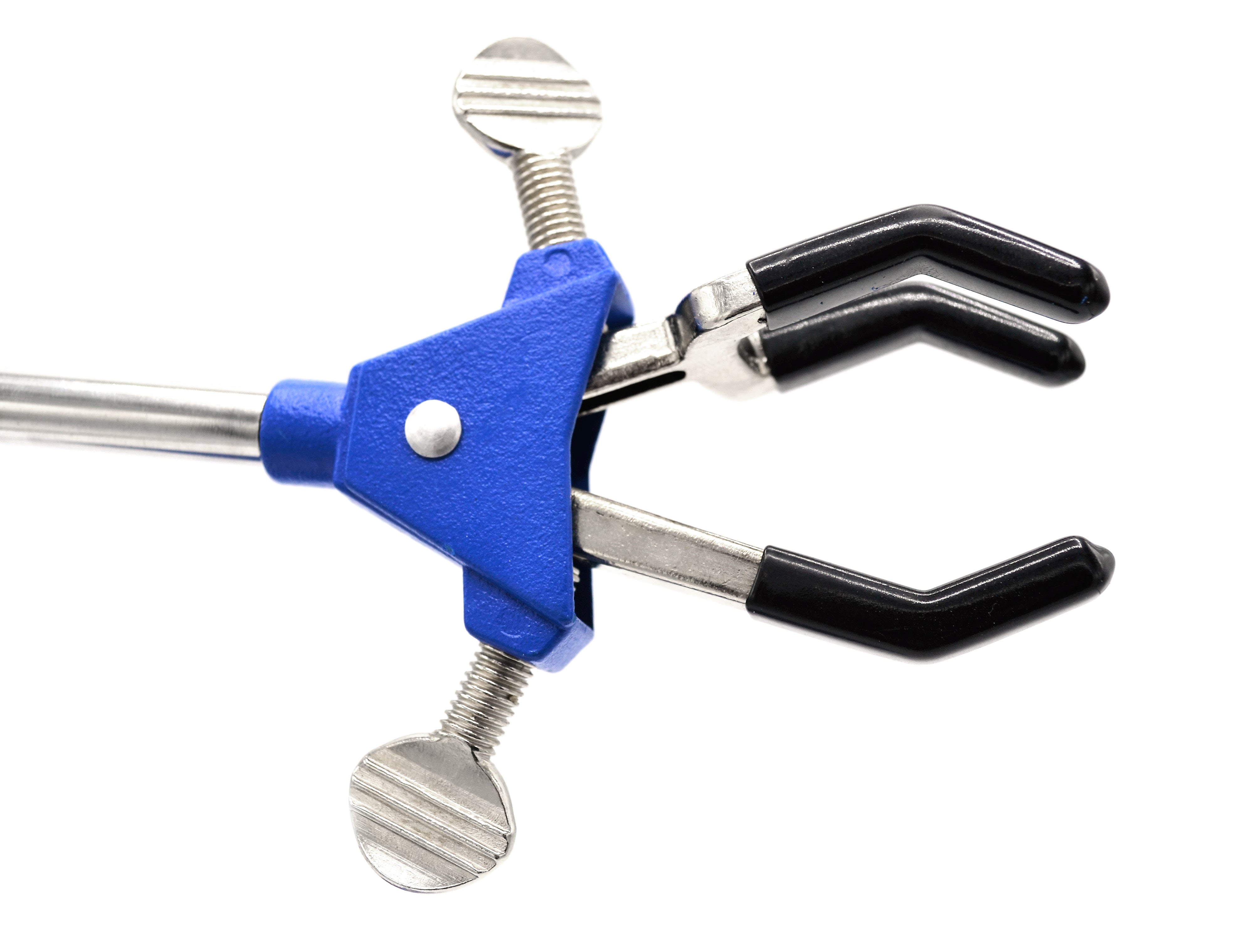 3 Finger, Vinyl Coated, Dual Adjustment Lab Clamp on Rod,  2.3" (6 cm) Maximum Clamp Opening