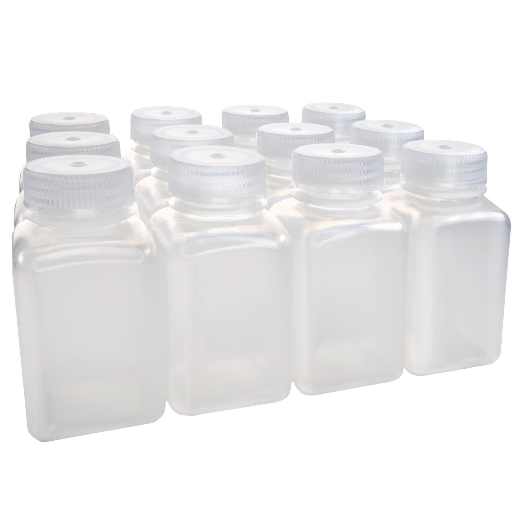 Pack of 12, 175mL Square Polypropylene Reagent Bottles with Wide Mouth Polypropylene Caps, Translucent, Autoclavable