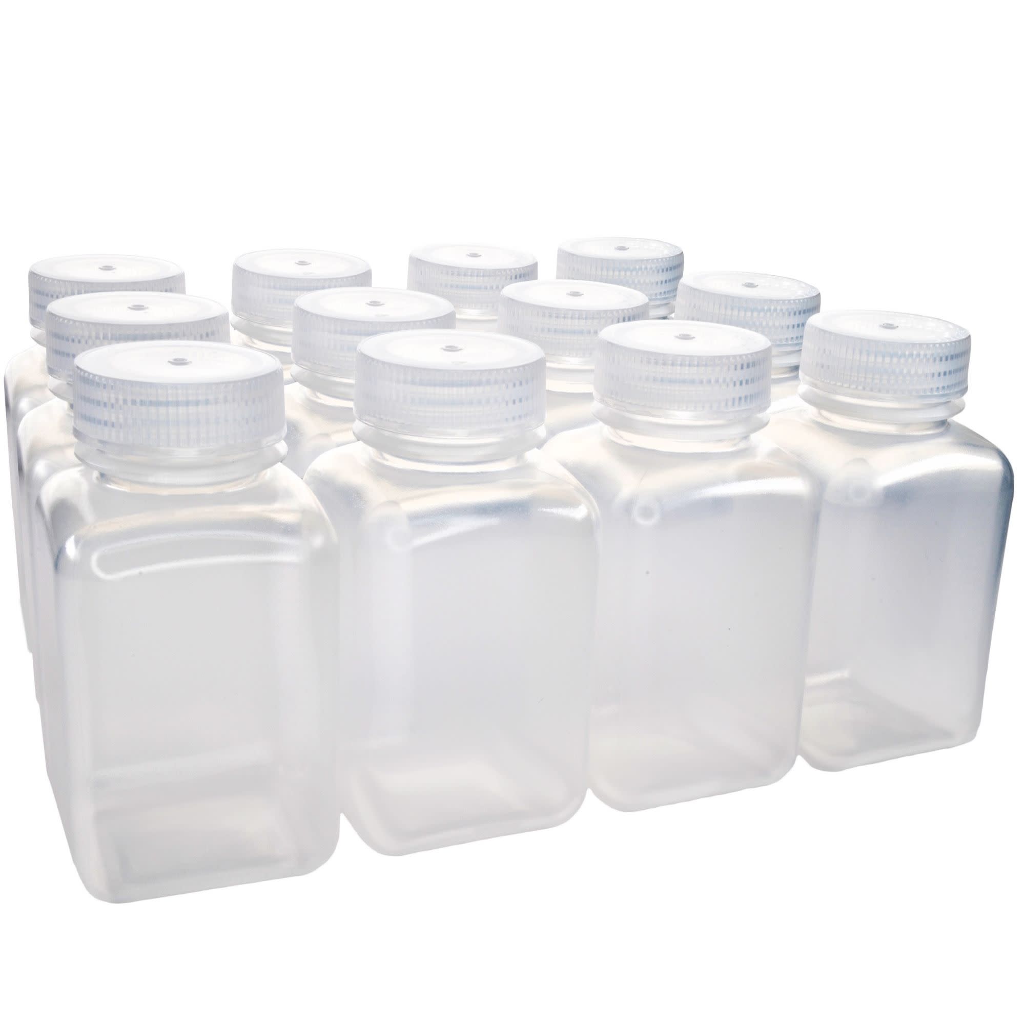 Pack of 12, 250mL Square Polypropylene Reagent Bottles with Wide Mouth Polypropylene Caps, Translucent, Autoclavable