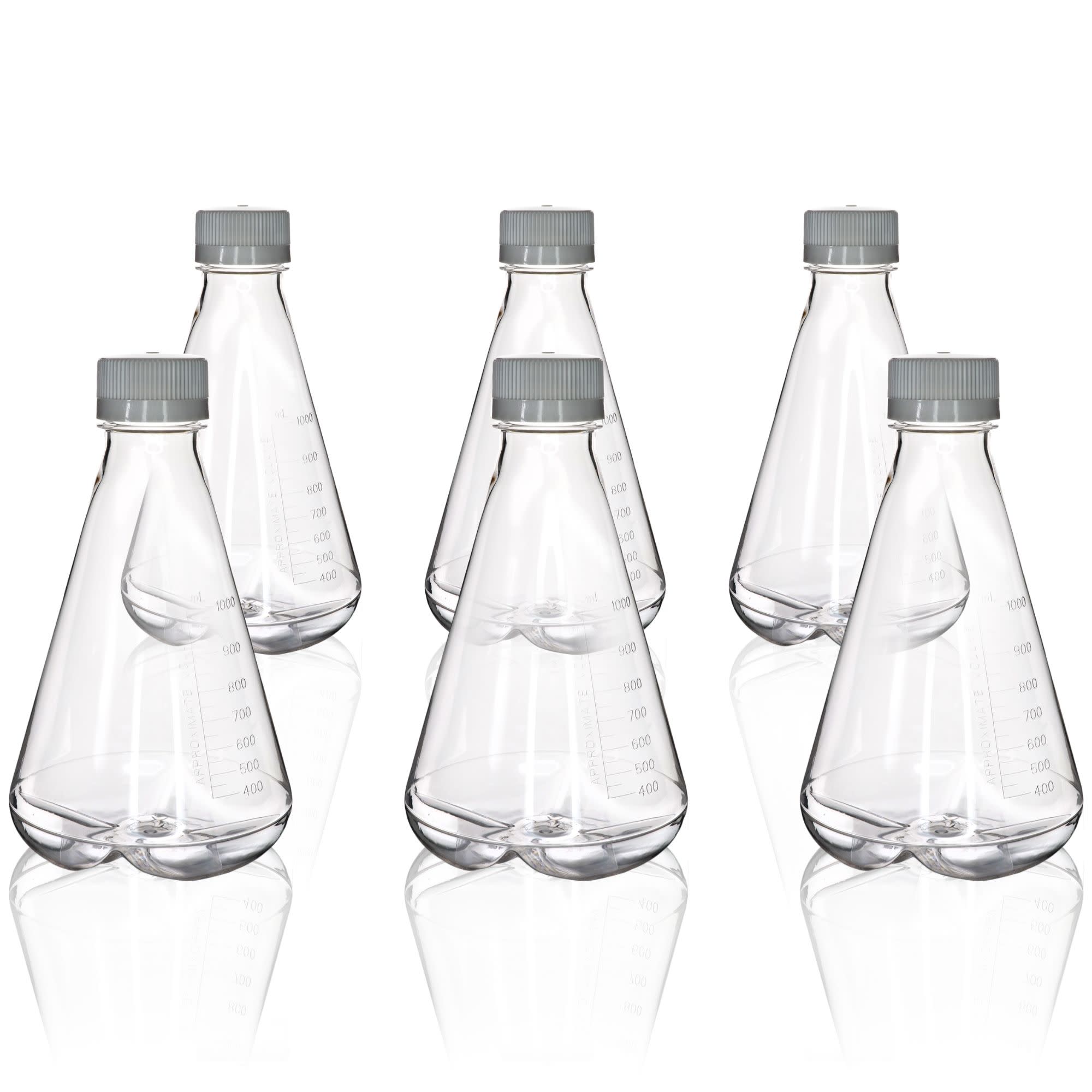Pack of 6, 1L Sterile PETG Erlenmeyer Flasks, Non-Vented, Baffled Bottom, Gamma Sterilized, USP Class VI, Lab-Grade