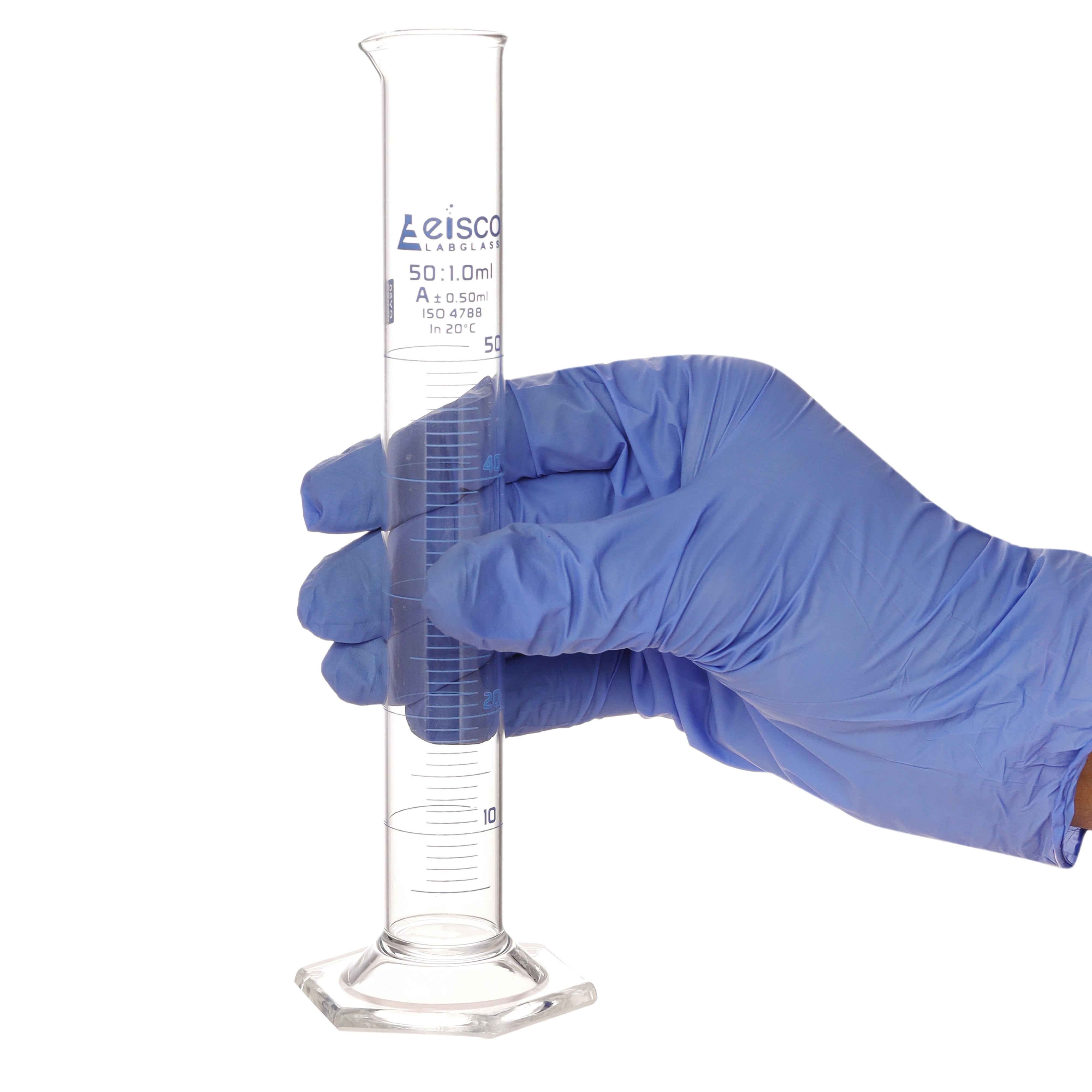 Borosilicate Glass Graduated Cylinder, 50 ml, 0.5 ml Graduation, Class A, Autoclavable