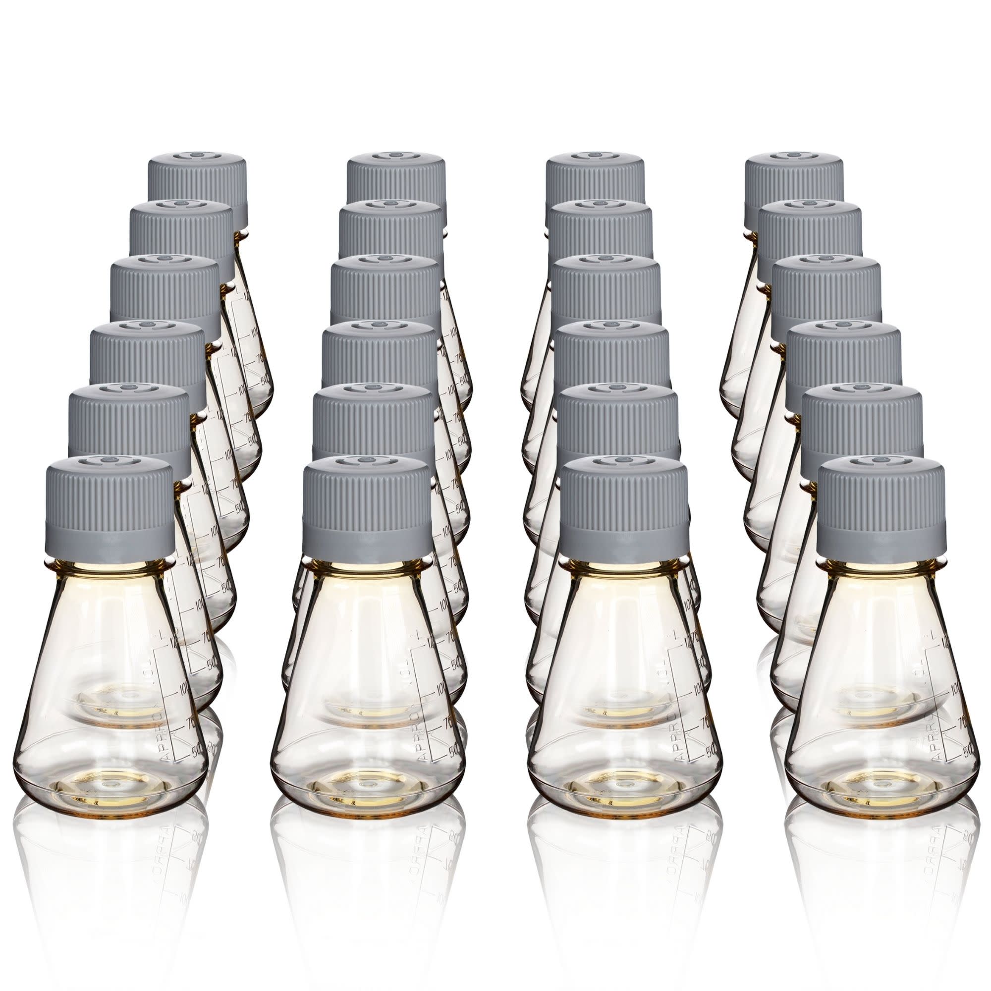 Pack of 24, 125mL Sterile Polycarbonate Erlenmeyer Flasks, Vented, Flat Bottom, Gamma Sterilized, USP Class VI, Lab-Grade