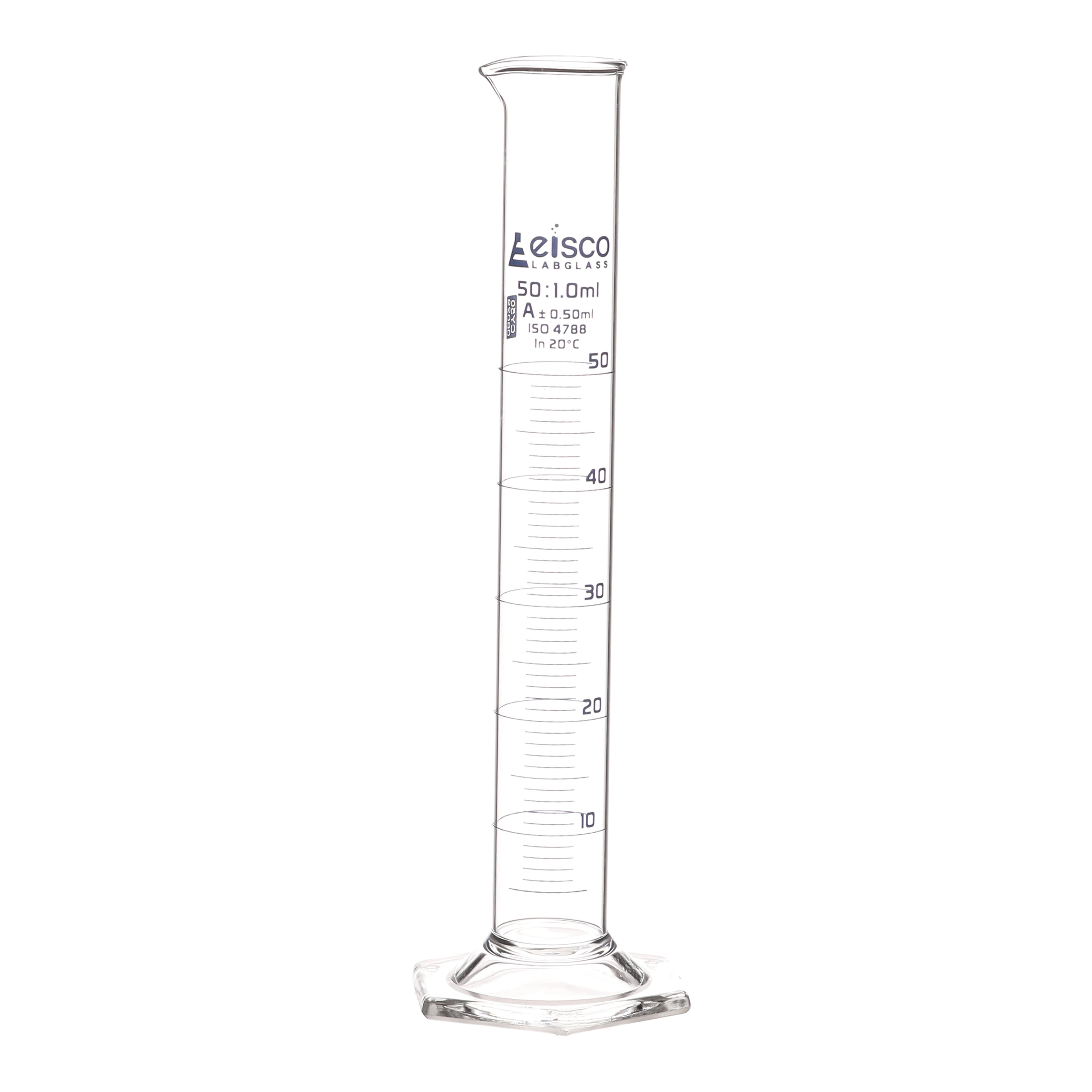 Borosilicate Glass Graduated Cylinder, 50 ml, 0.5 ml Graduation, Class A, Autoclavable