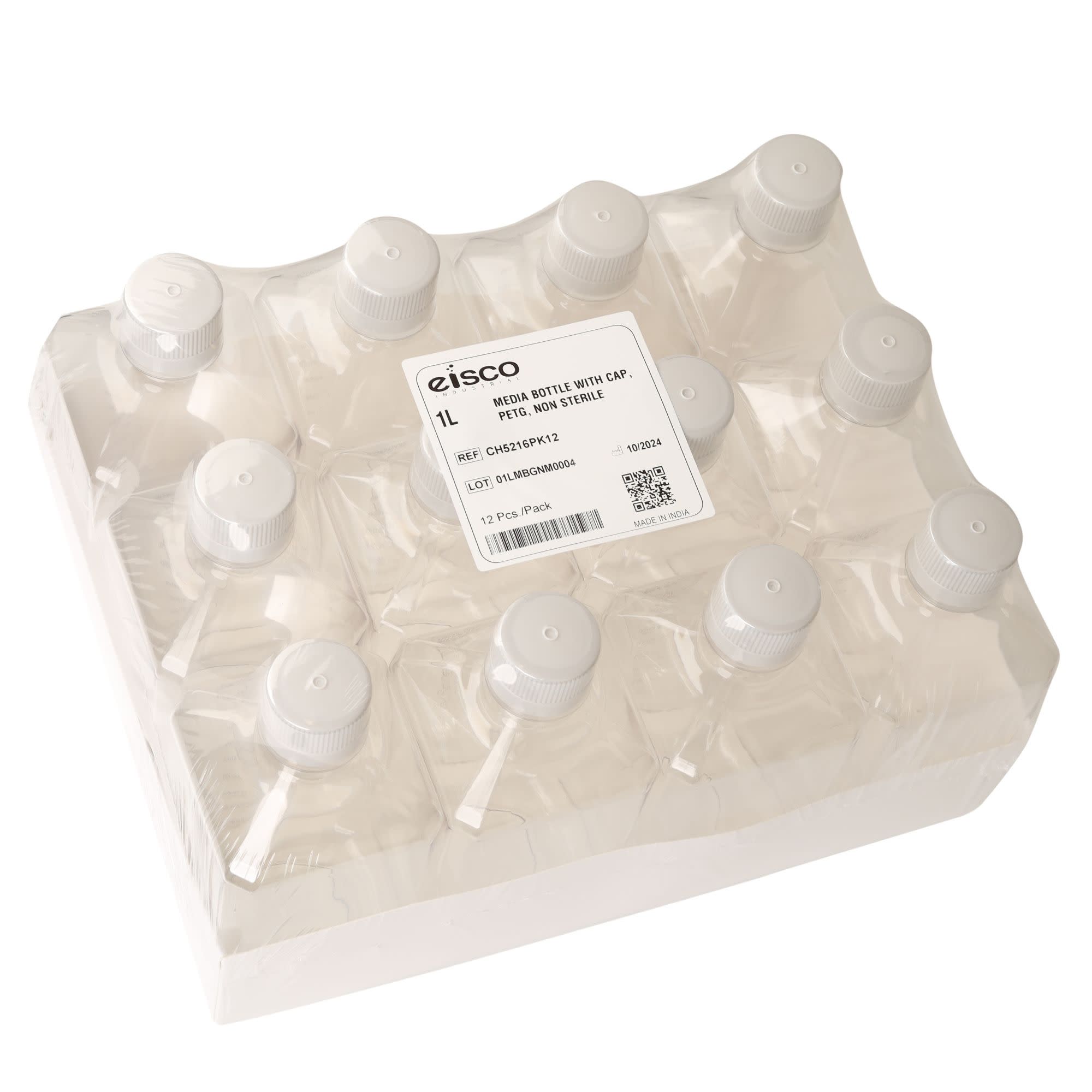 Pack of 12, 1L PETG Media Bottles with HDPE Caps, Non-Sterile, Square, Leakproof, Tamper-Evident, Laboratory-Grade