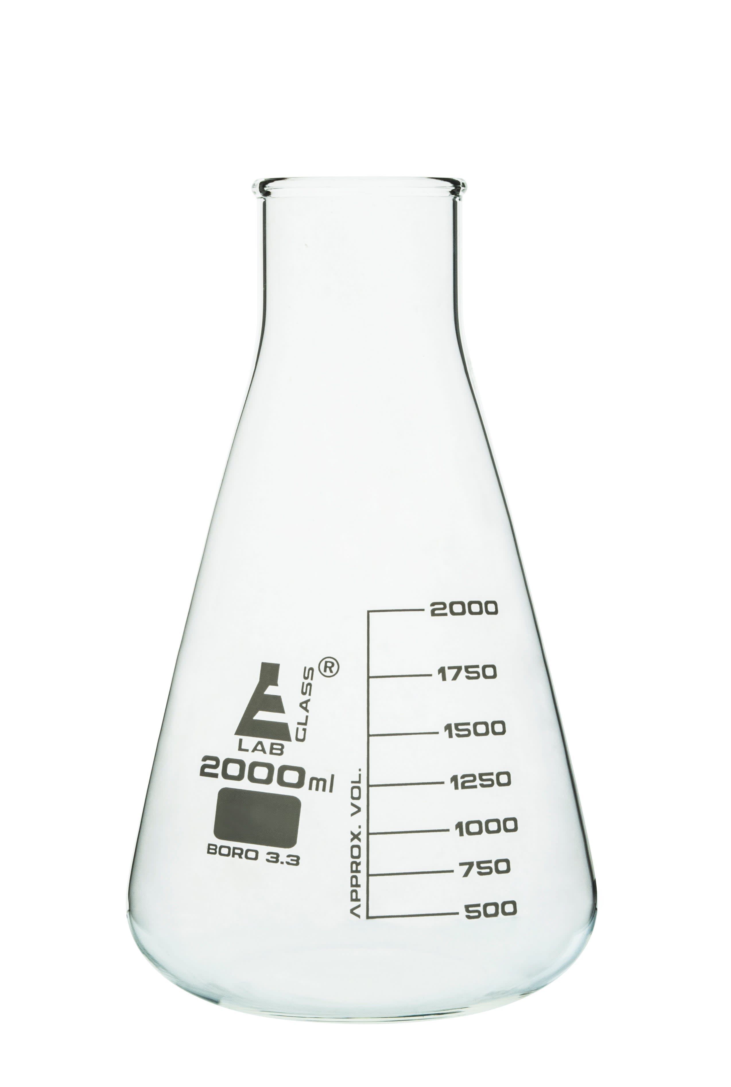 Borosilicate Glass Wide Neck Erlenmeyer Flask, 2000 ml, Pack of 4, Autoclavable
