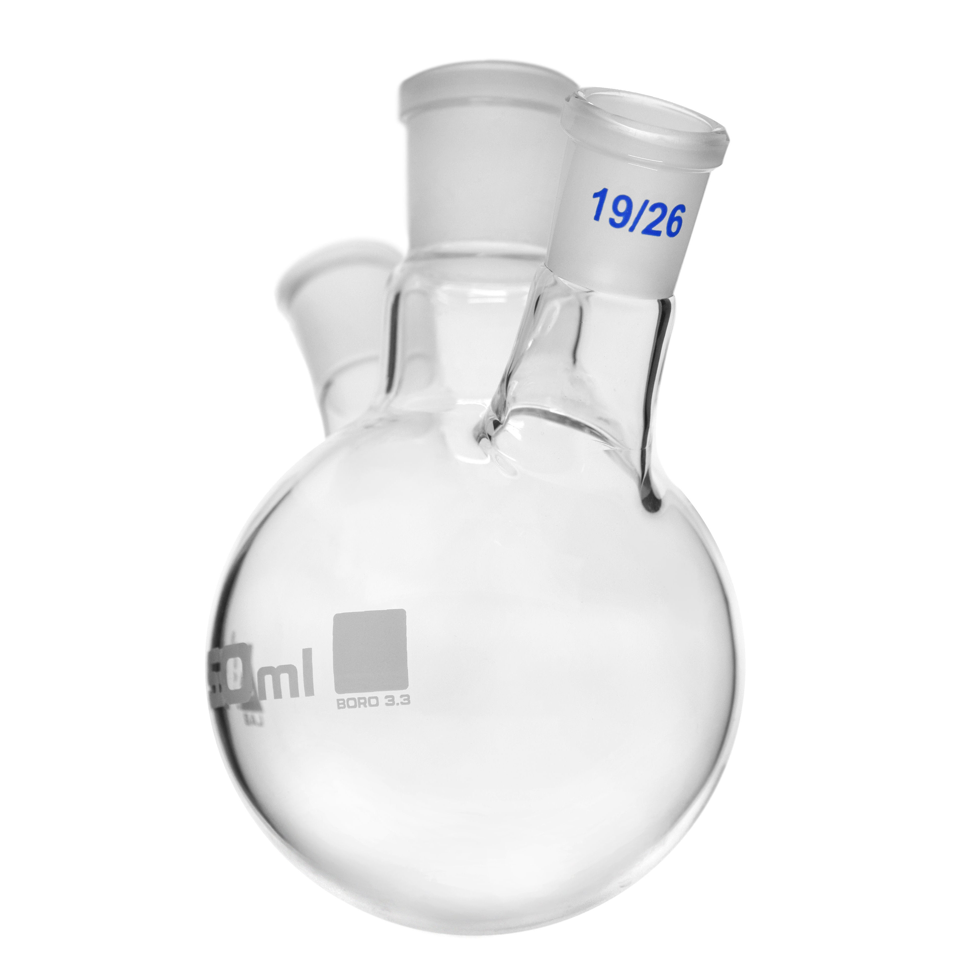 Borosilicate Glass 3 Neck Distillation Flask, 250ml, 24/29 Oblique Neck, 19/26 Side Joint, Autoclavable