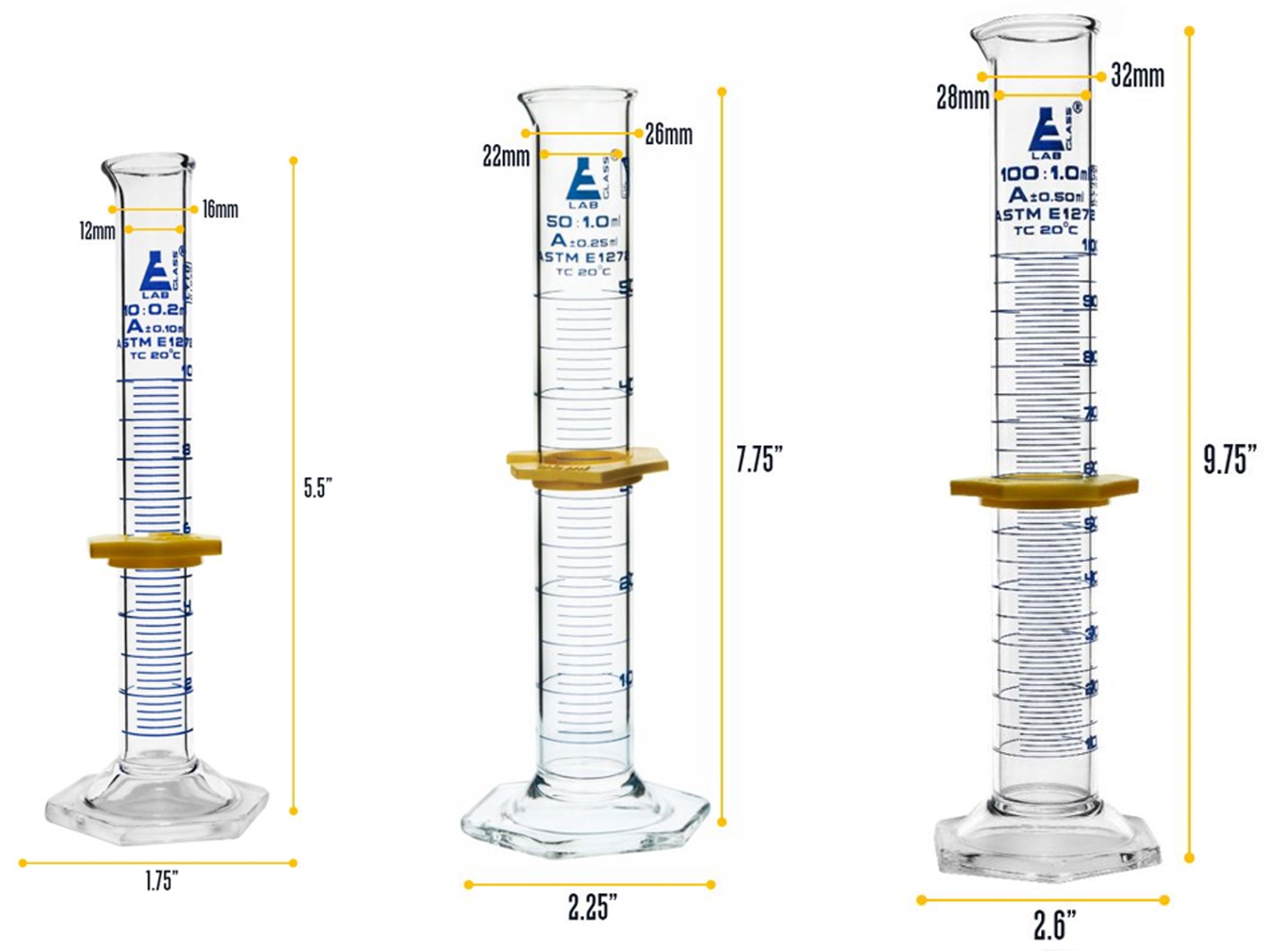 Borosilicate Glass Safety Pack Glassware Set, Includes 3 Beakers, 3 Conical Flasks & 3 ASTM, Class A Graduated Cylinders