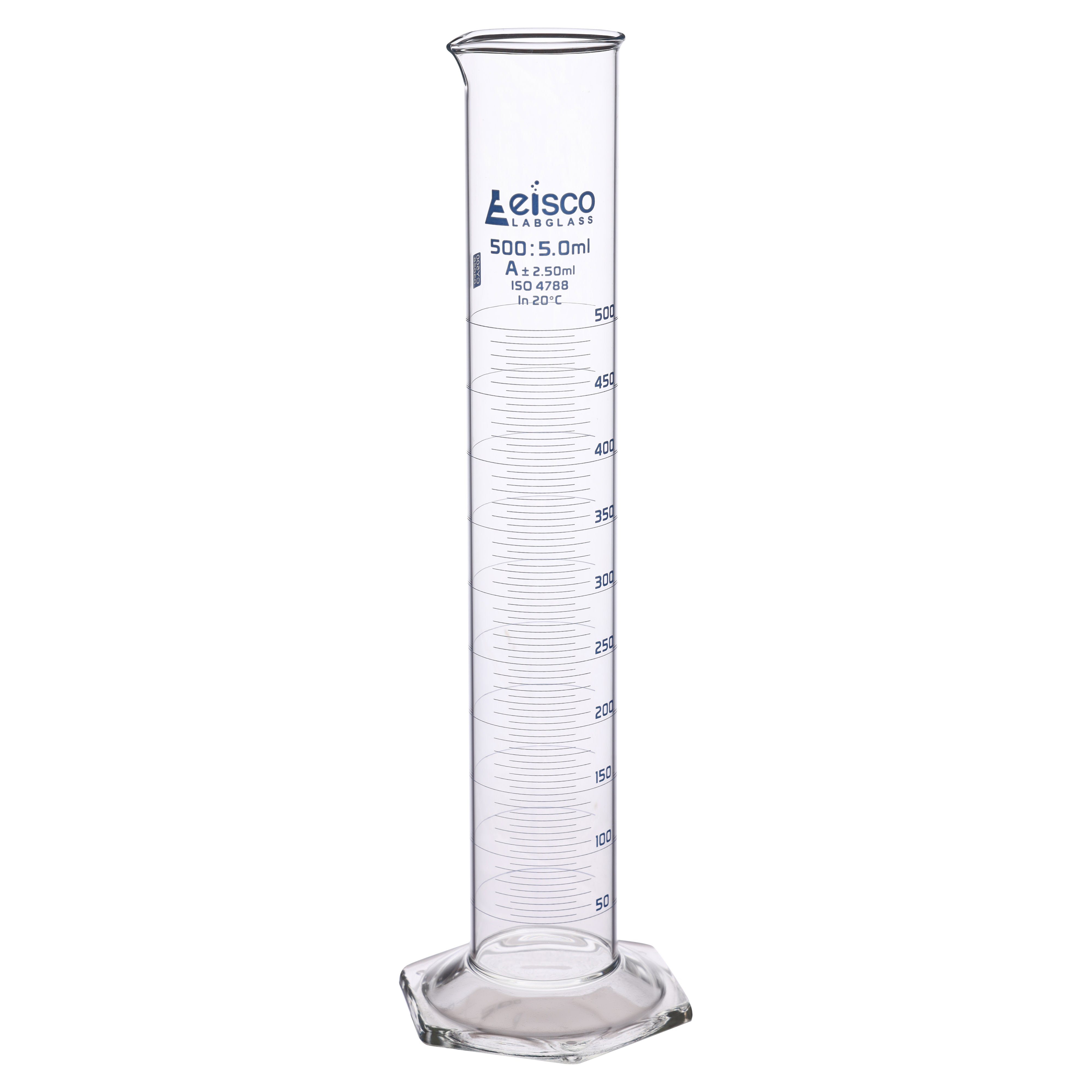 Borosilicate Glass Graduated Cylinder, 500 ml, 5.0 ml Graduation, Class A, Autoclavable
