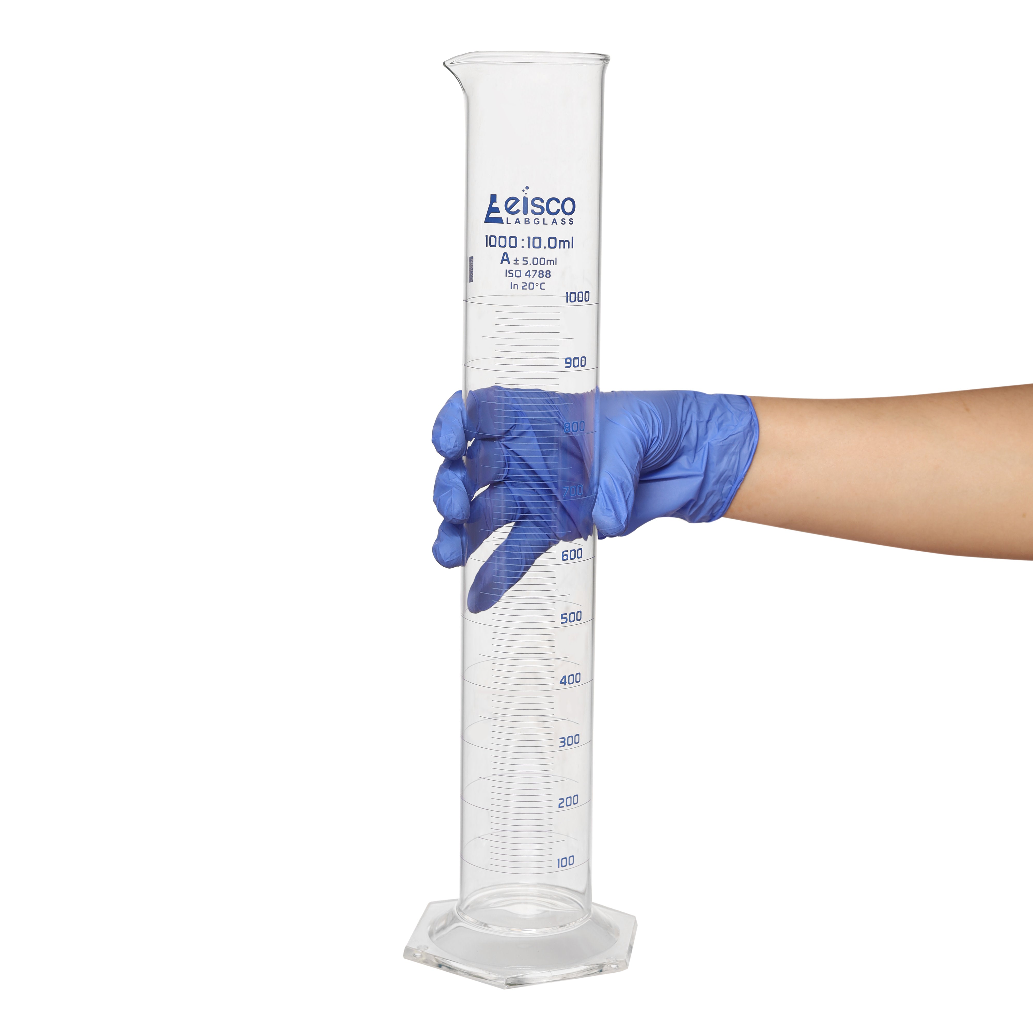 Borosilicate Glass Graduated Cylinder, 1000 ml, 10 ml Graduation, Class A, Autoclavable