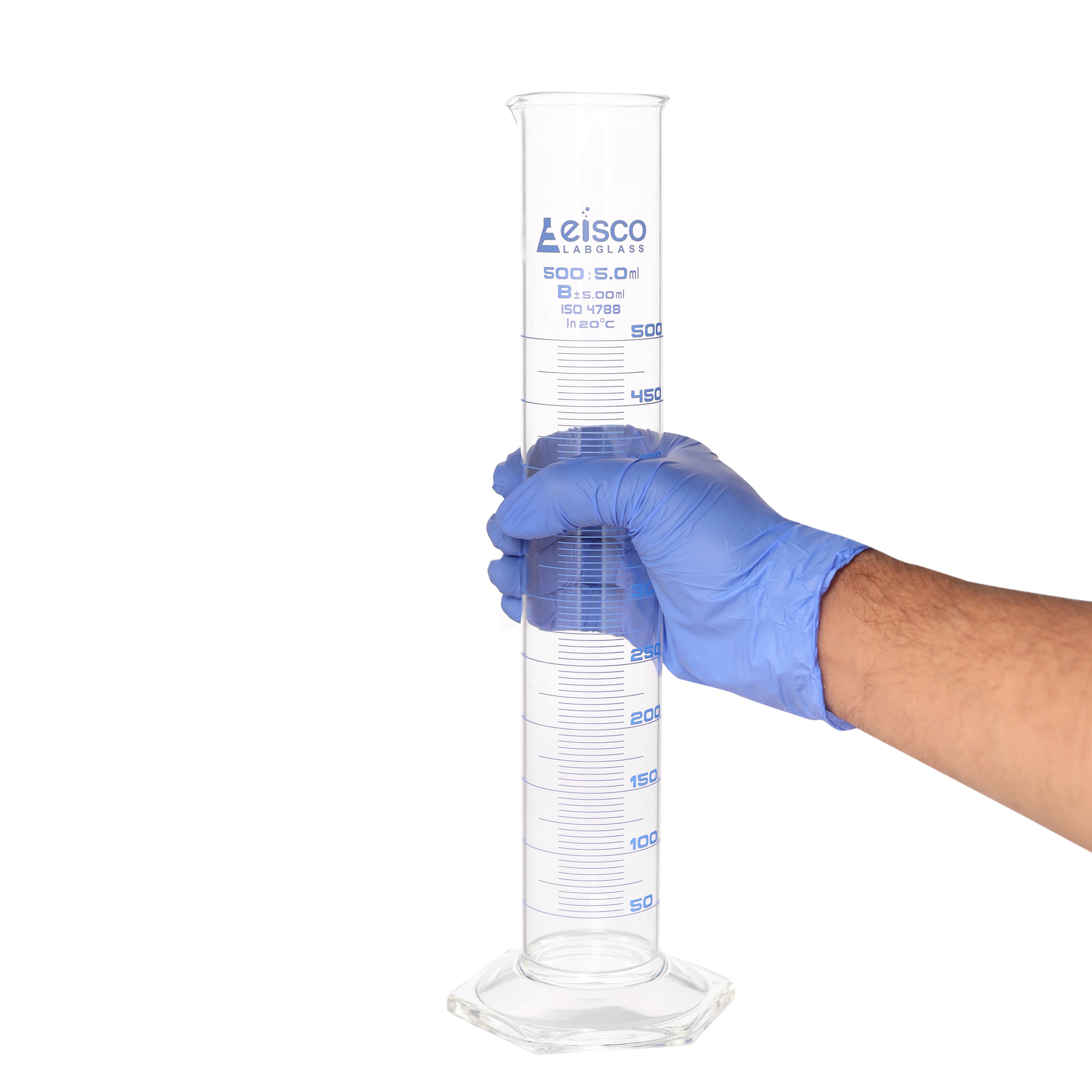 Borosilicate Glass Graduated Cylinder, 500 ml, 5.0 ml Graduation, Class B, Autoclavable