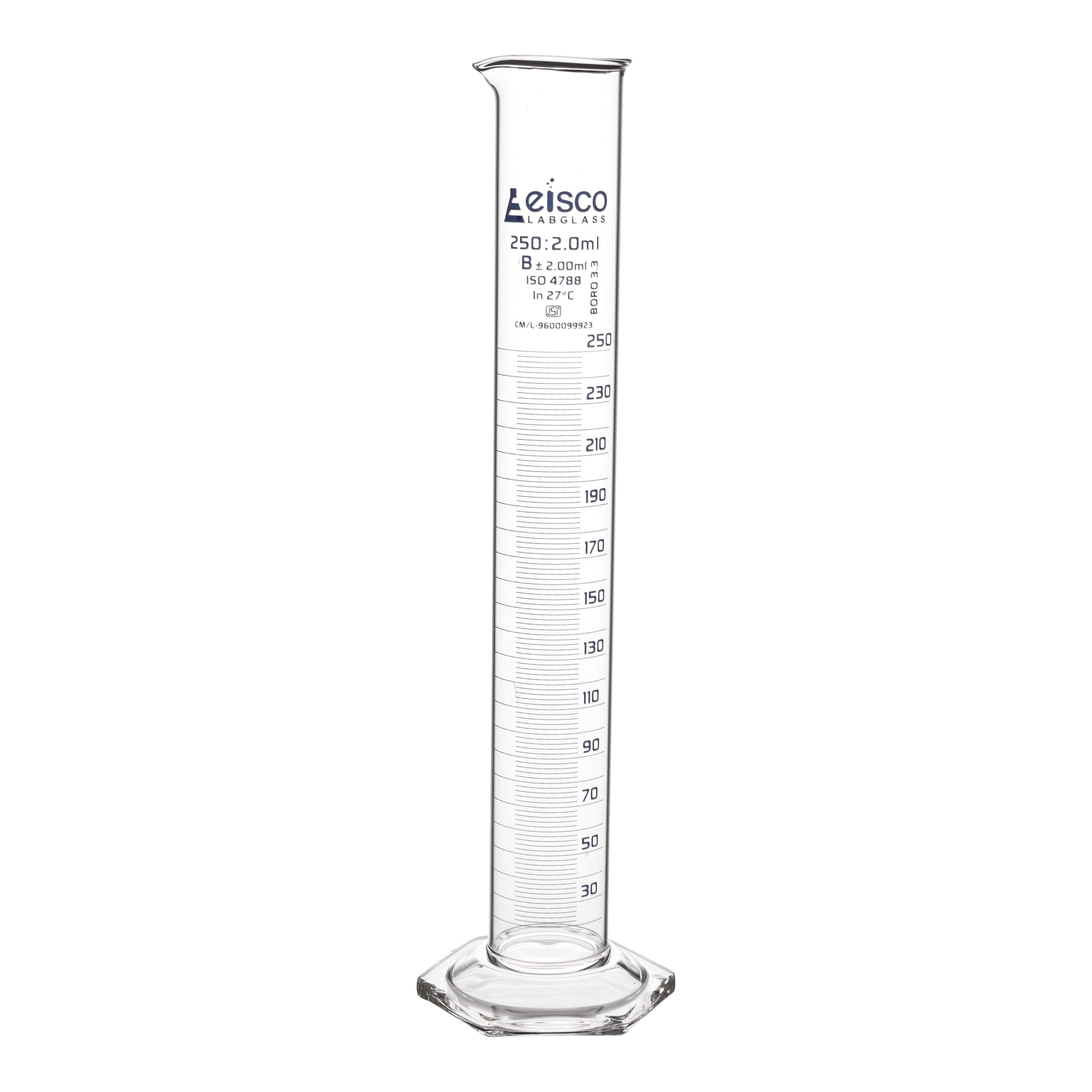 Borosilicate Glass Graduated Cylinder, 250 ml, 2.0 ml Graduation, Class B, Autoclavable