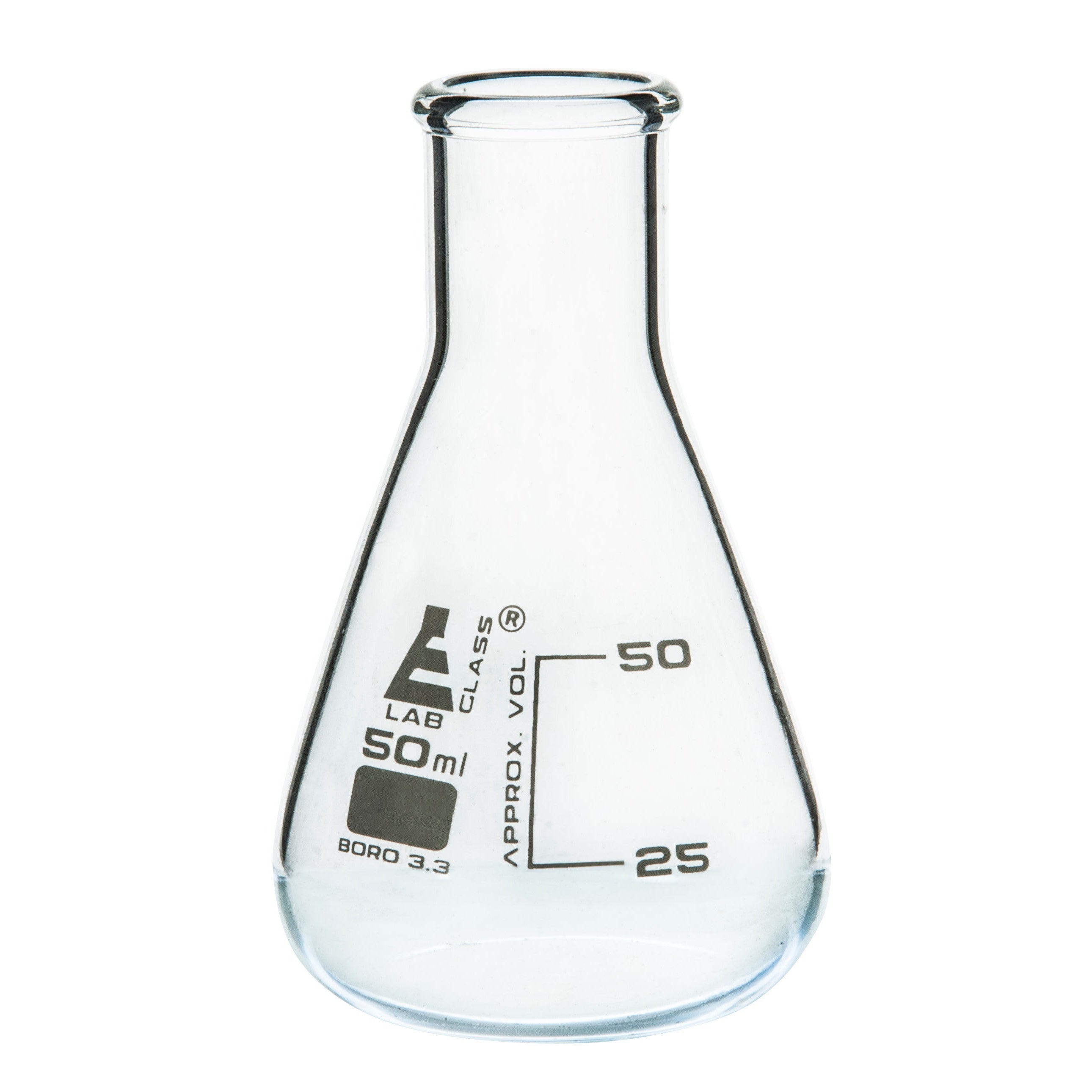 Borosilicate Glass Erlenmeyer Flask, 50 ml, 25 ml Graduations, Autoclavable