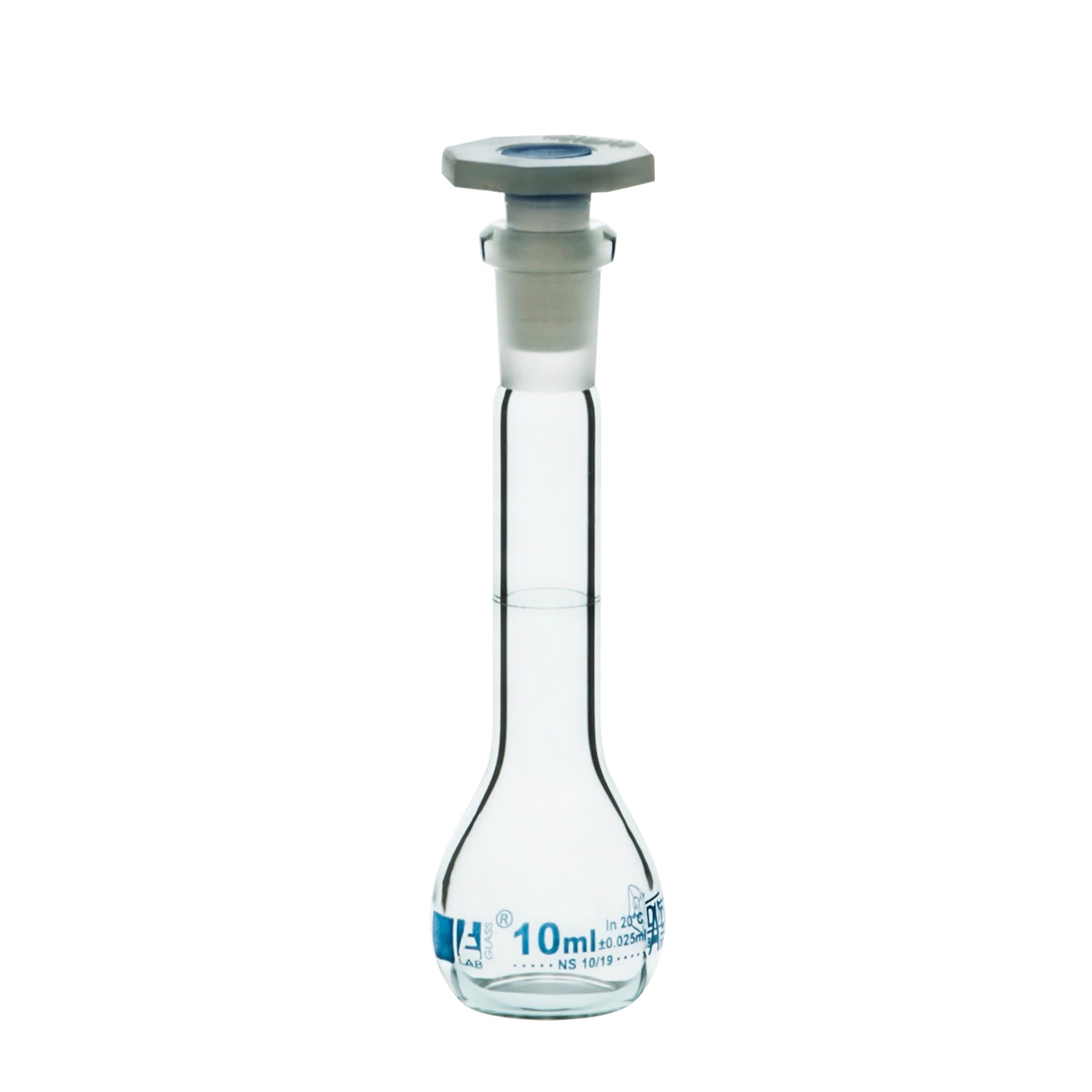 Borosilicate Glass Volumetric Flask with Polypropylene Stopper, 10 ml, Class A with Individual Work Certificate, Pack of 2,  Autoclavable