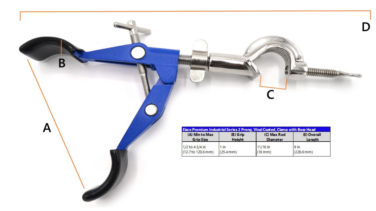 2 Prong, Vinyl Coated, Lab Clamp with Boss Head,  4.75" (12 cm) Maximum Clamp Opening