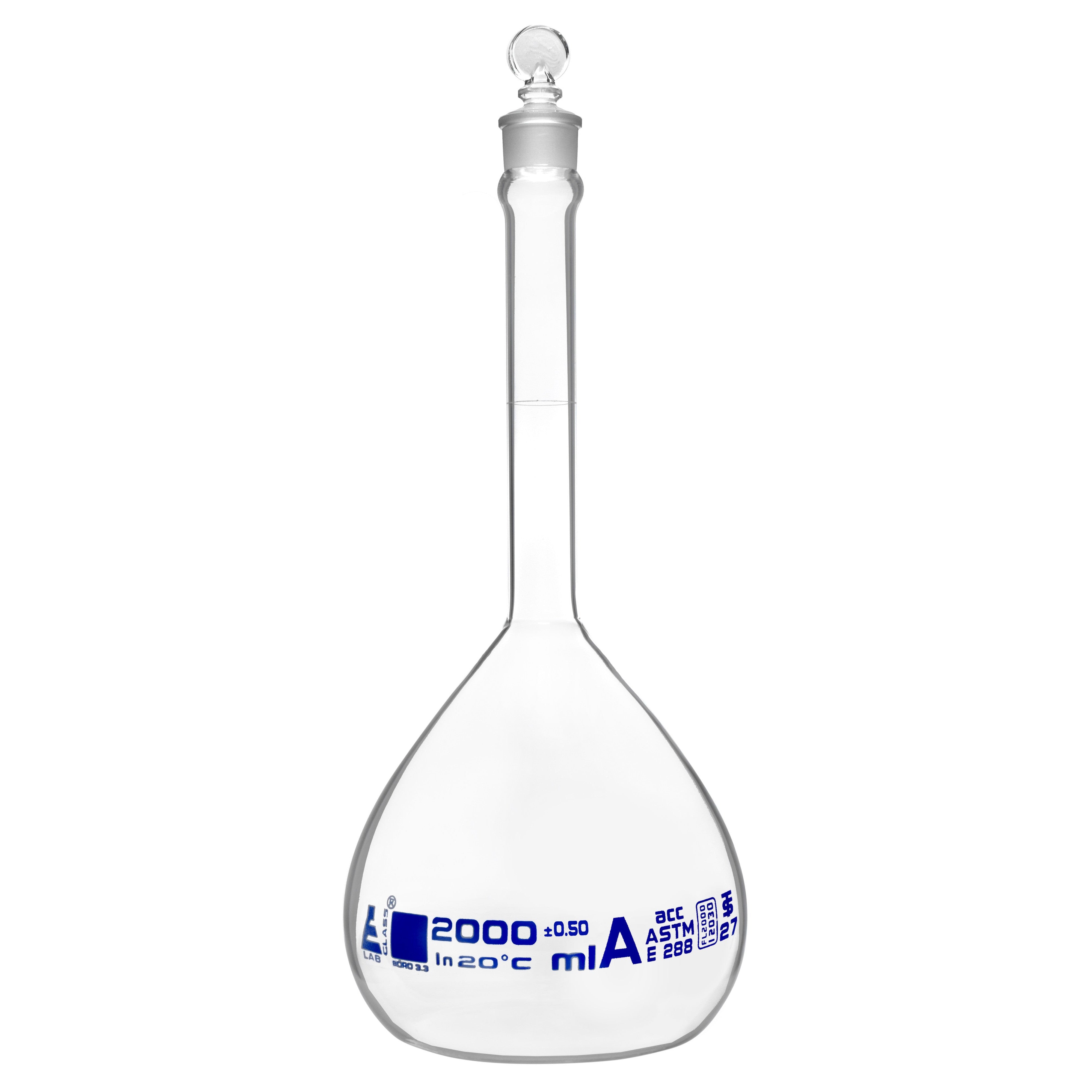 Borosilicate Glass ASTM Volumetric Flask with Glass Stopper, 2000 ml, Class A, Autoclavable