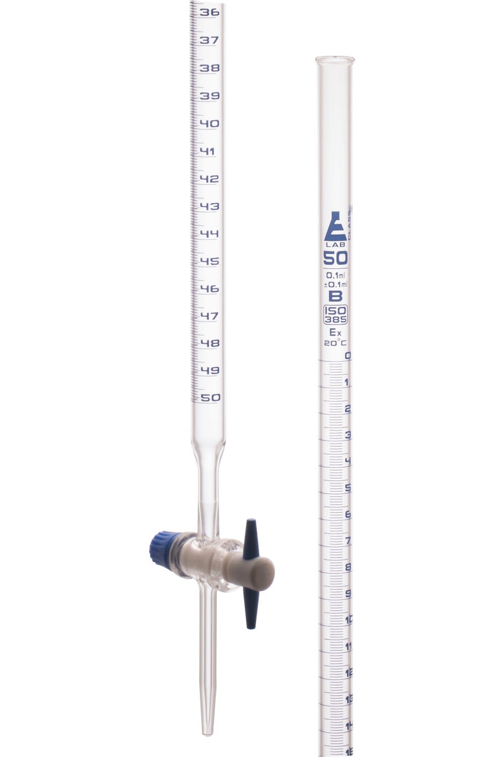 Borosilicate Glass ASTM Graduated Burette with PTFE Stopcock, 50 ml, 0.1 ml Graduation, Class B