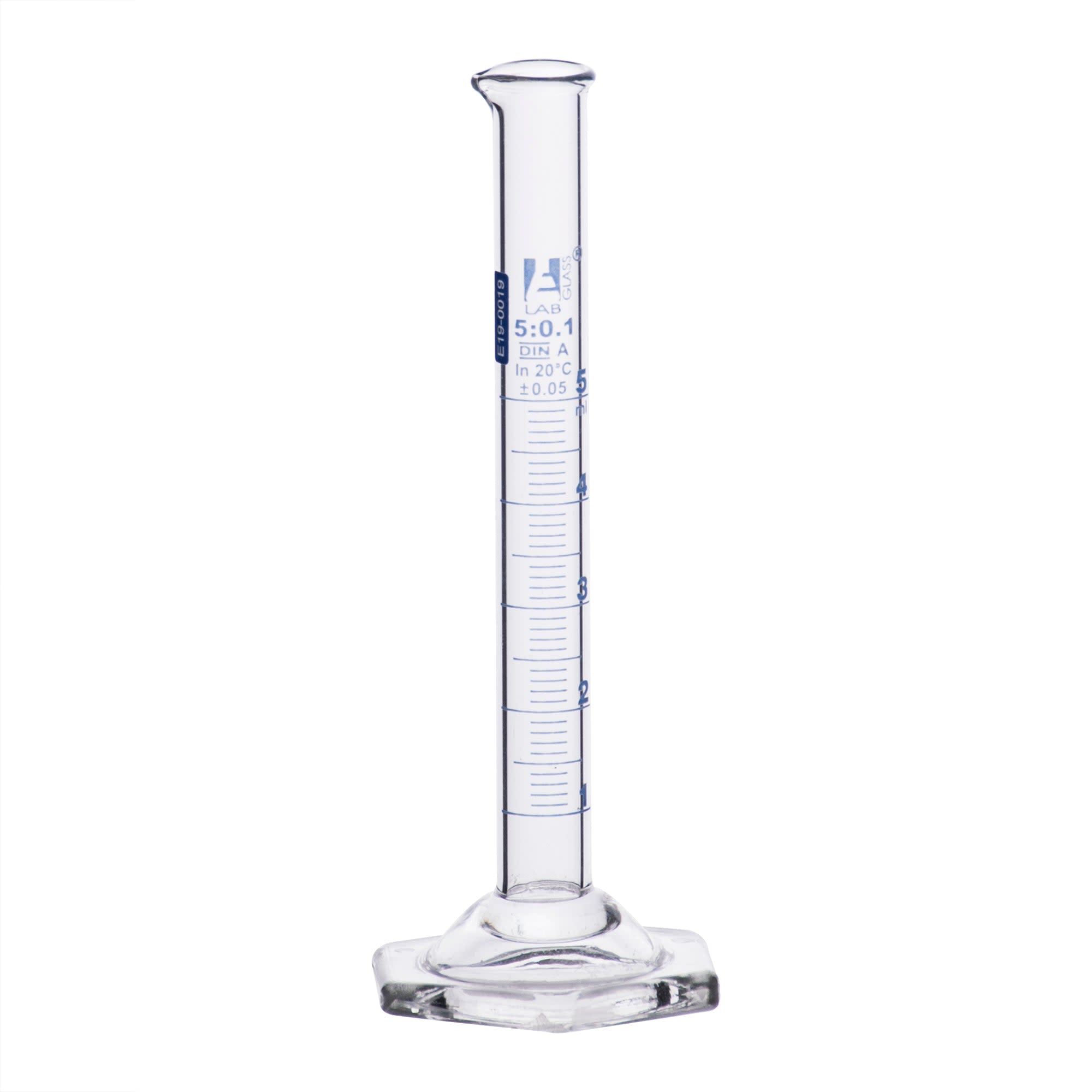 Borosilicate Glass Graduated Cylinder with Hexagonal Base, 5 ml, Class A with Individual Work Certificate