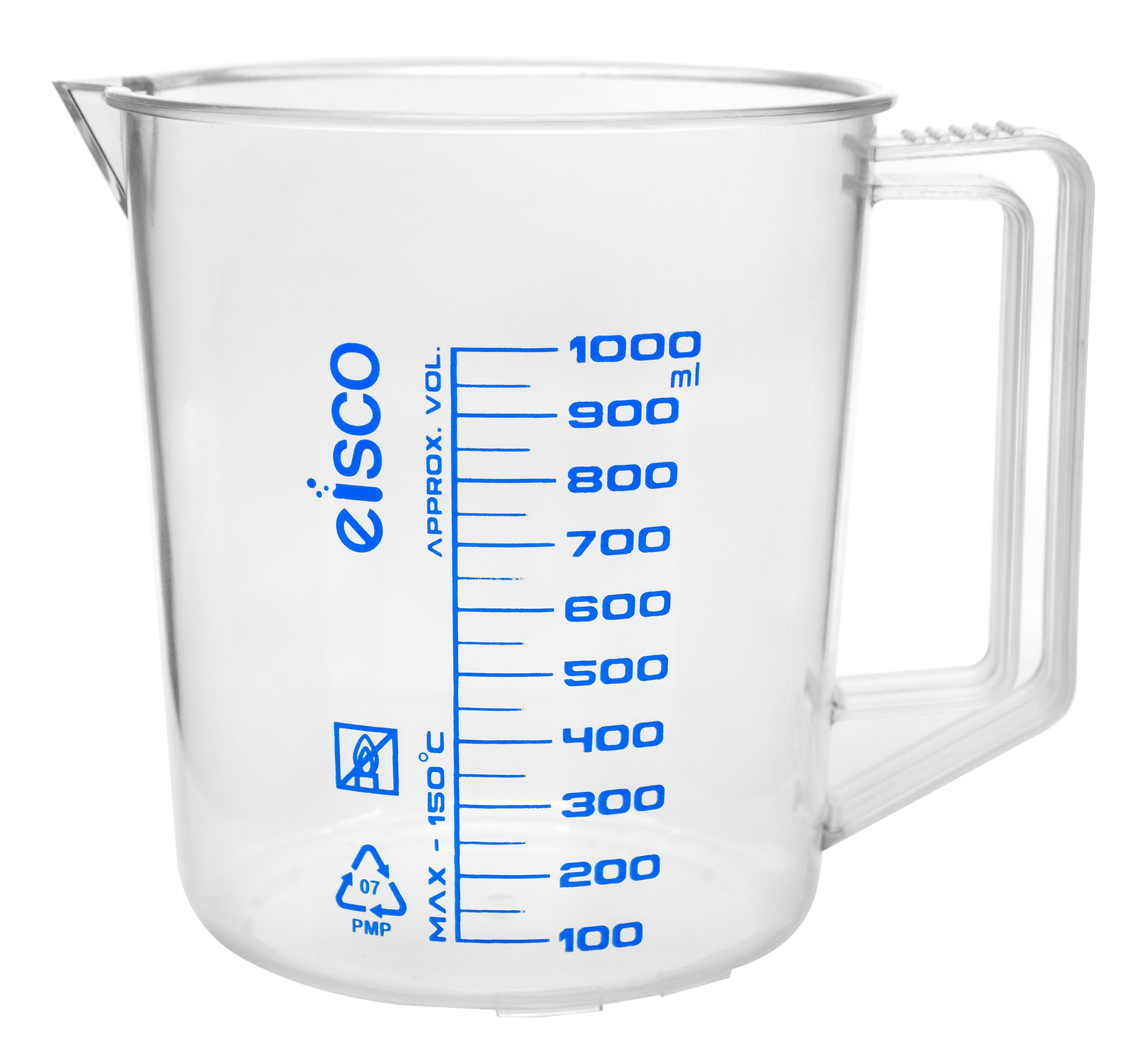 TPX Measuring Jug with Spout and Handle, Short Form, 1000 ml, 50 ml Graduation, Autoclavable
