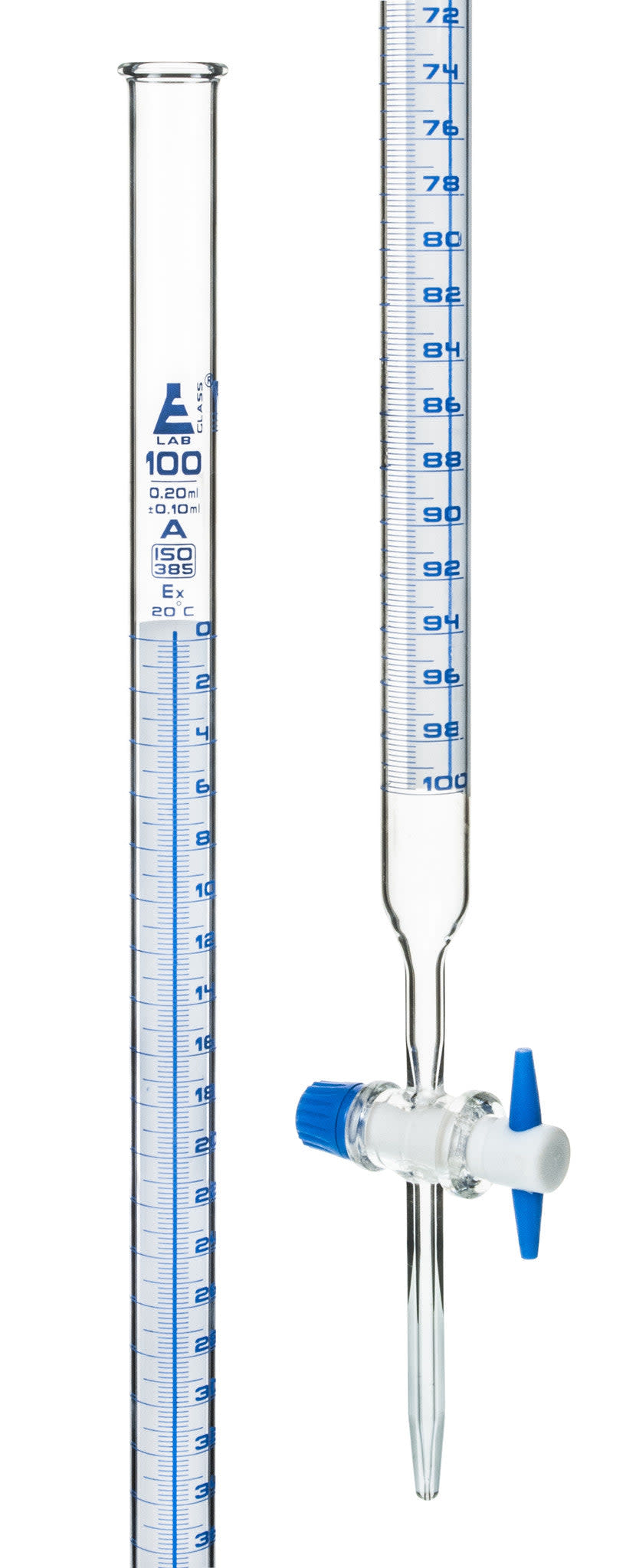 Schellbach Glass ASTM Graduated Burette with PTFE Stopcock, 100 ml, 0.20 ml Graduation, Class A