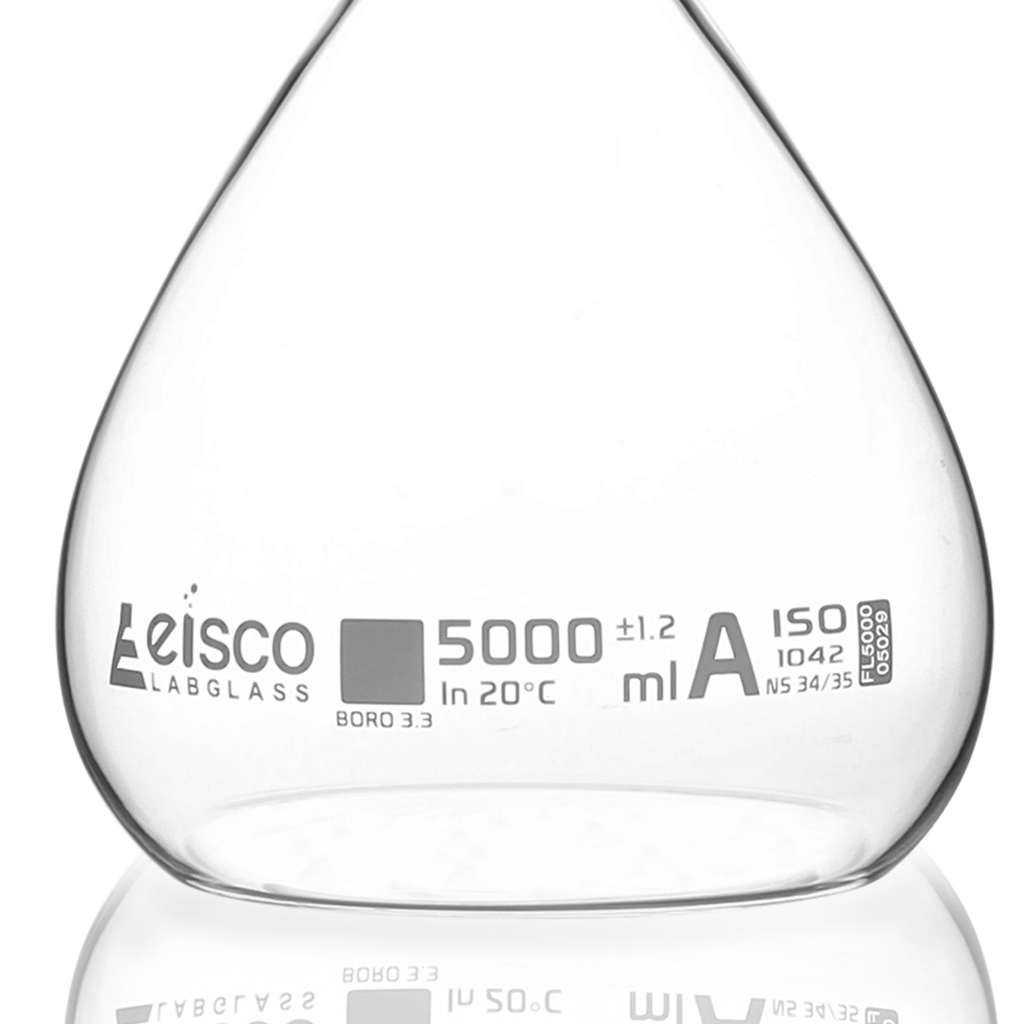 Borosilicate Volumetric Flask with Hollow Glass Stopper, 5000ml, Class A, White Print, Autoclavable