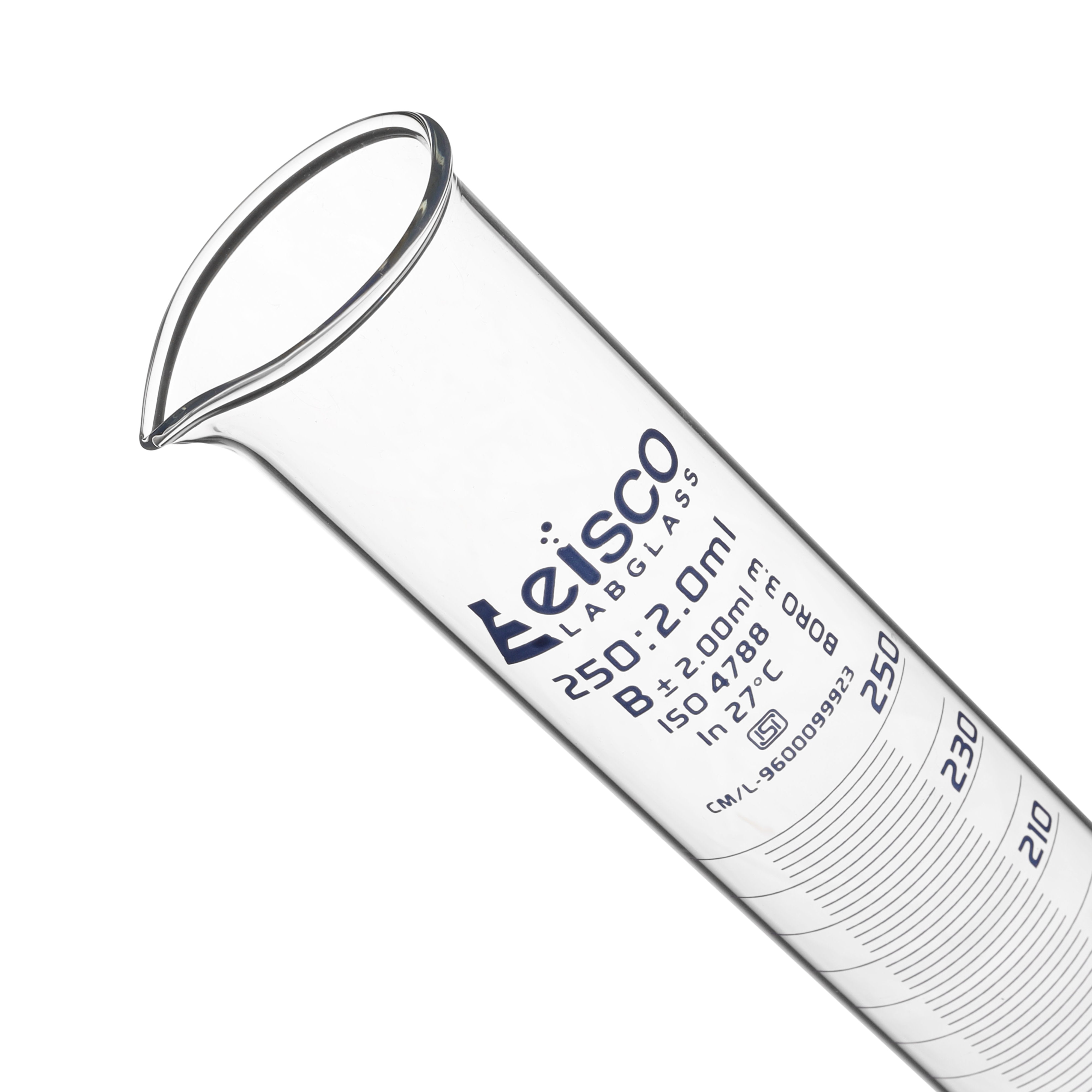 Borosilicate Glass Graduated Cylinder, 250 ml, 2.0 ml Graduation, Class B, Autoclavable