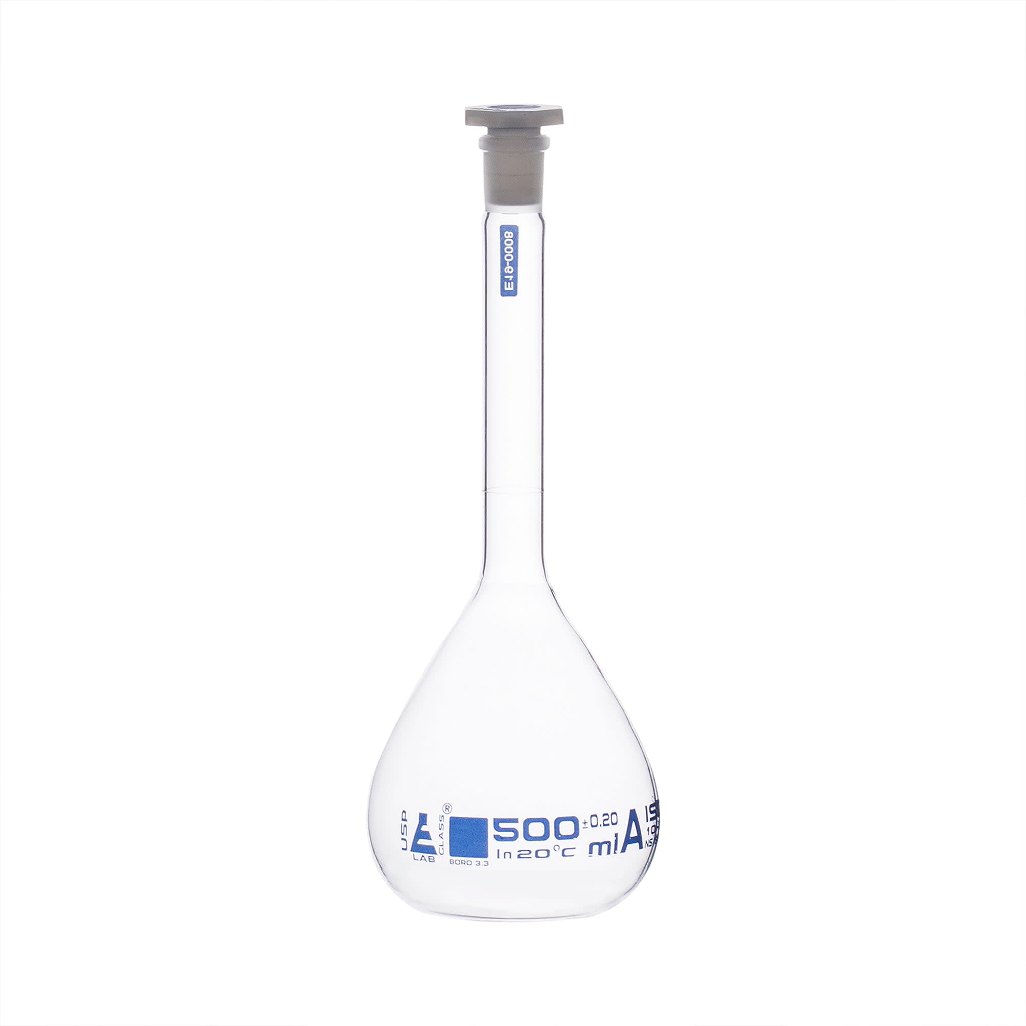 Borosilicate Glass Volumetric Flask with Solid Glass Stopper, 500 ml, USP Class A with Individual Work Certificate,  Pack of 2, Autoclavable