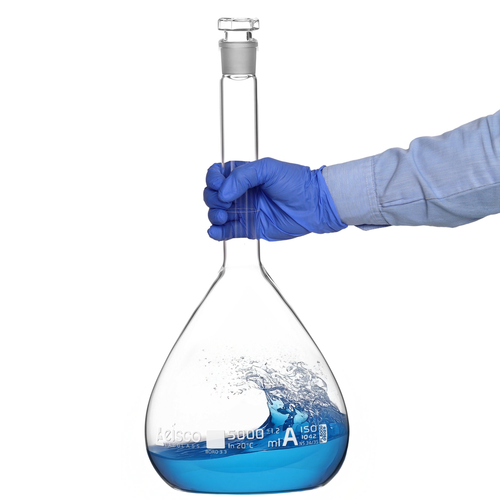 Borosilicate Volumetric Flask with Hollow Glass Stopper, 5000ml, Class A, White Print, Autoclavable