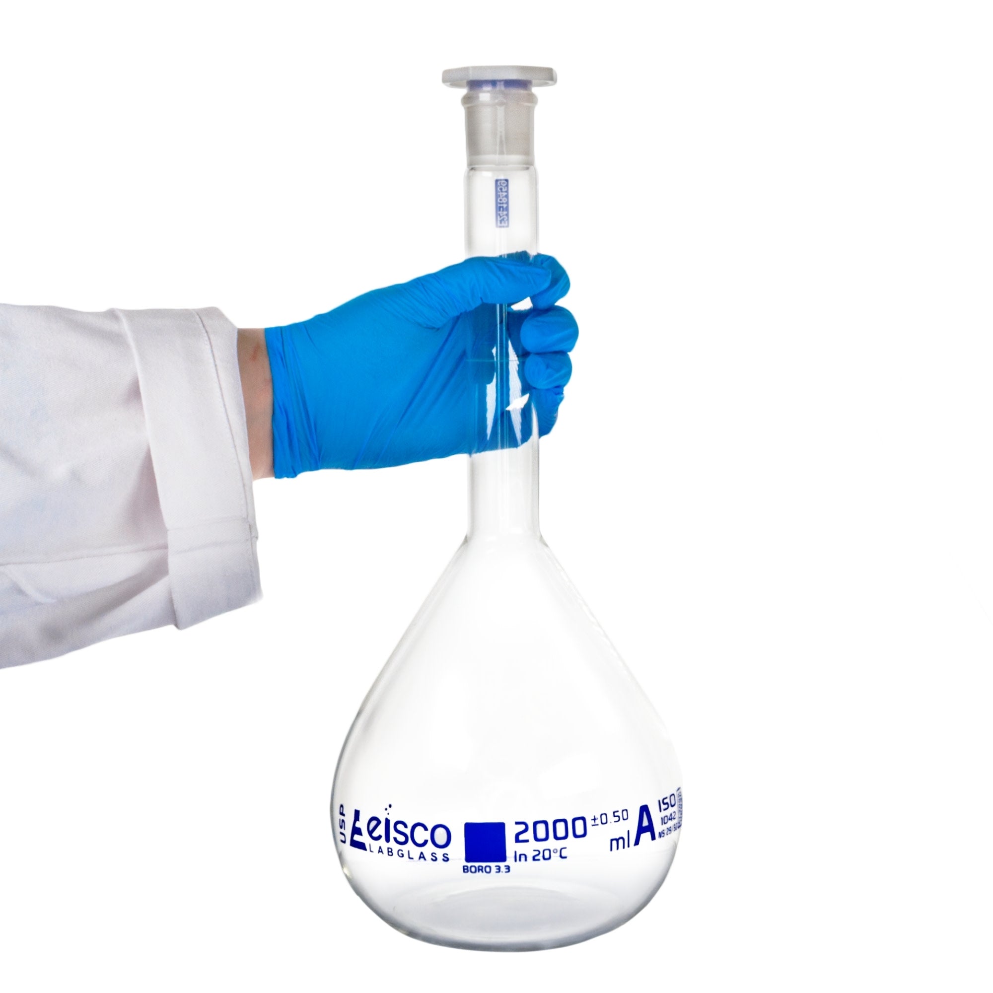 Borosilicate Glass Volumetric Flask with Solid Glass Stopper, 2000 ml, USP Class A with Individual Work Certificate, Autoclavable