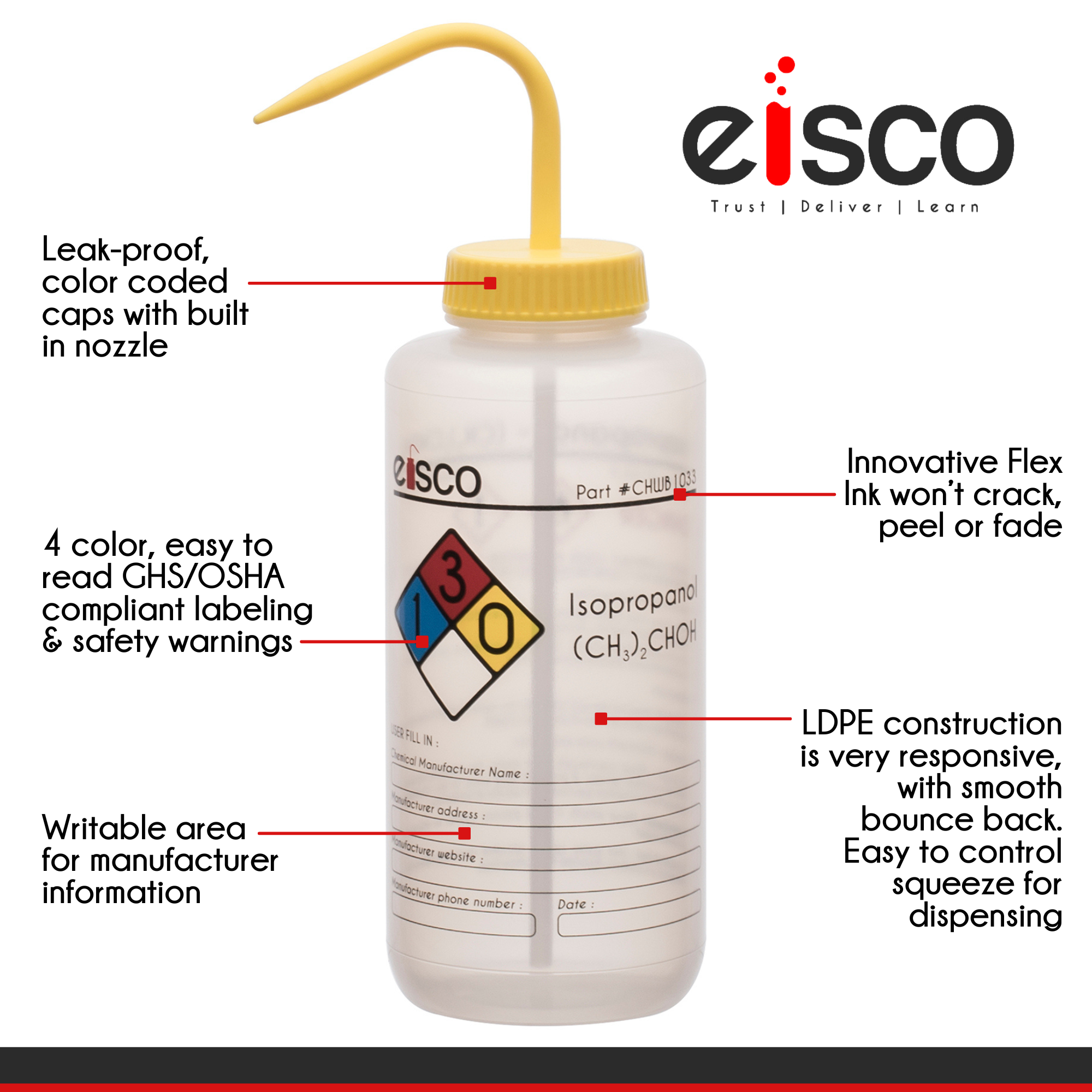 6PK Performance Plastic Wash Bottle, Isopropanol, 1000 ml - Labeled (4 Color)
