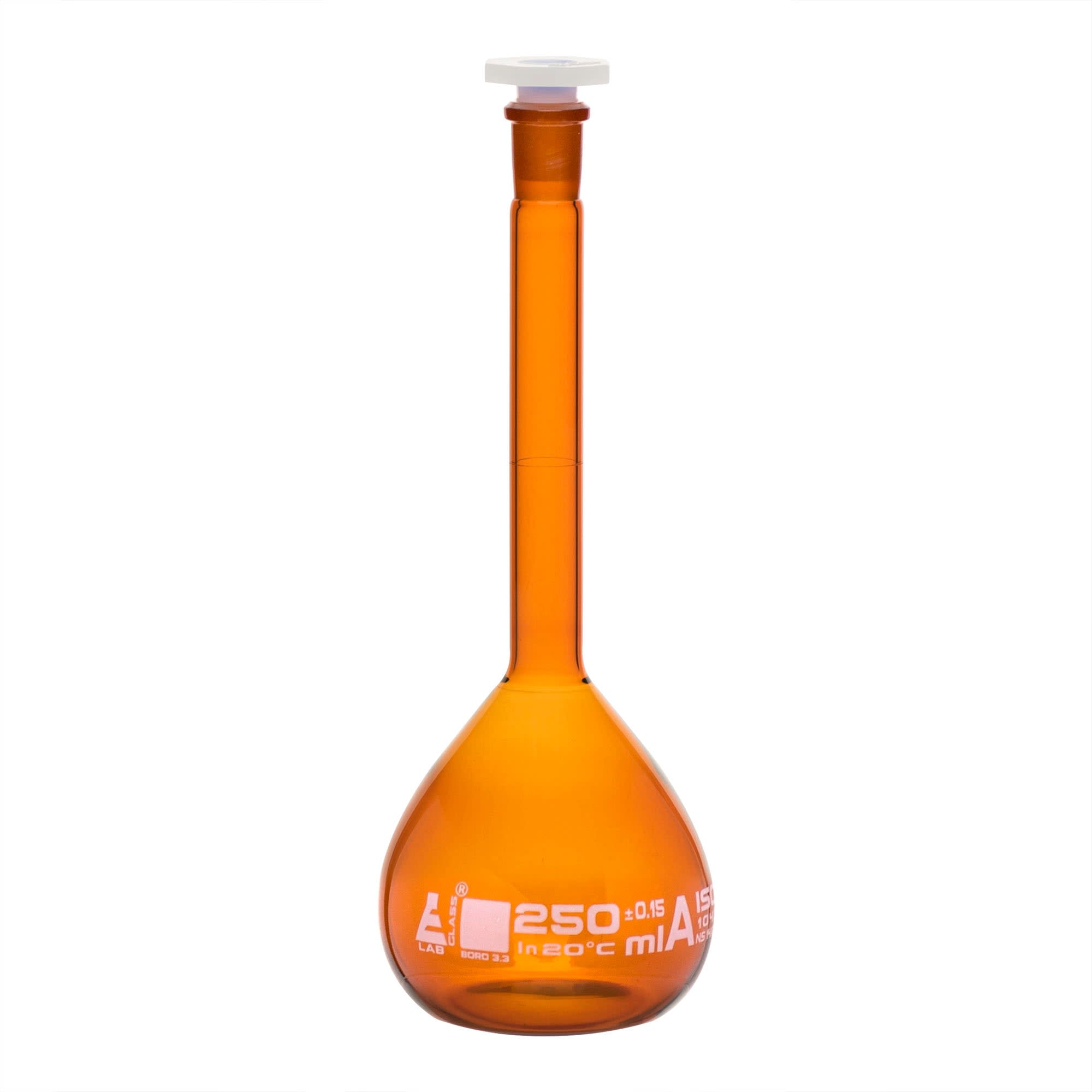 Amber Borosilicate Glass Volumetric Flask with Polypropylene Stopper, 250 ml, Class A with Individual Work Certificate, Pack of 2,  Autoclavable