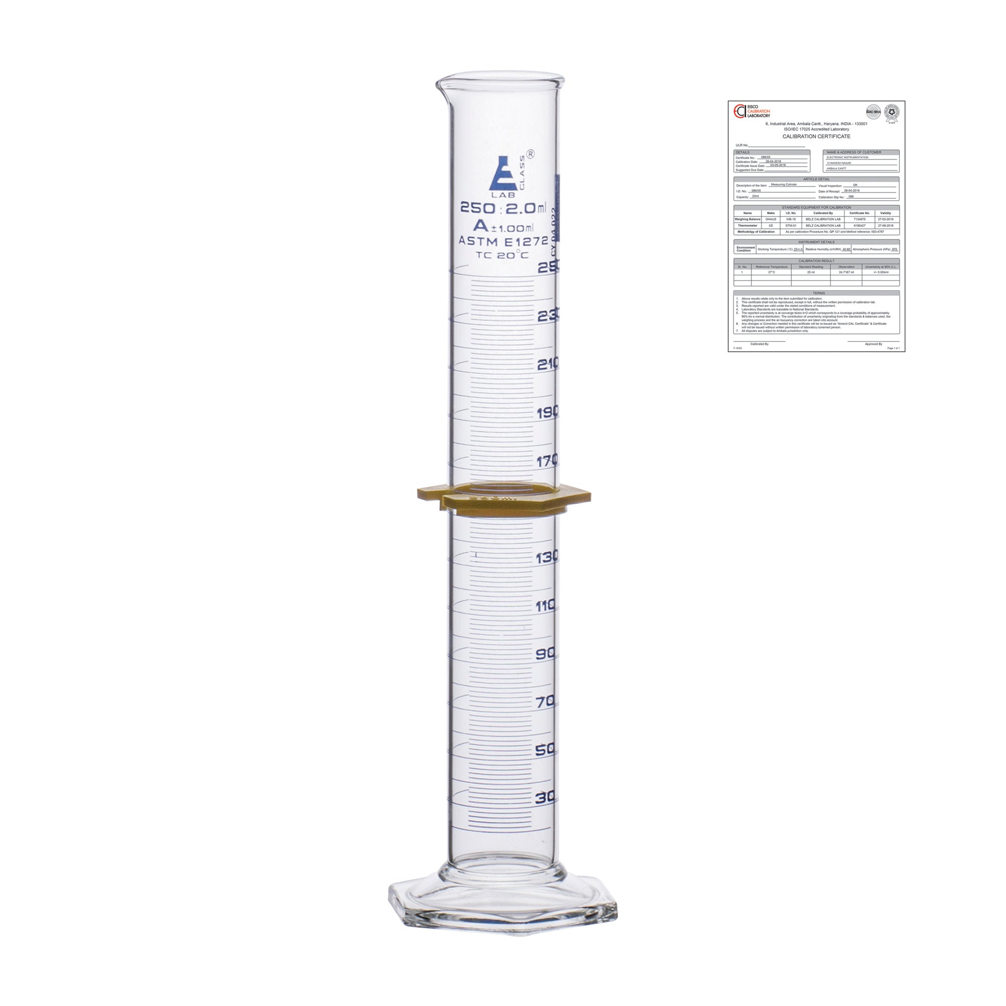Borosilicate Glass ASTM Graduated Cylinder with Hexagonal Base and Guard, 250 ml, Class A with USP & Individual Work Certificate, Autoclavable