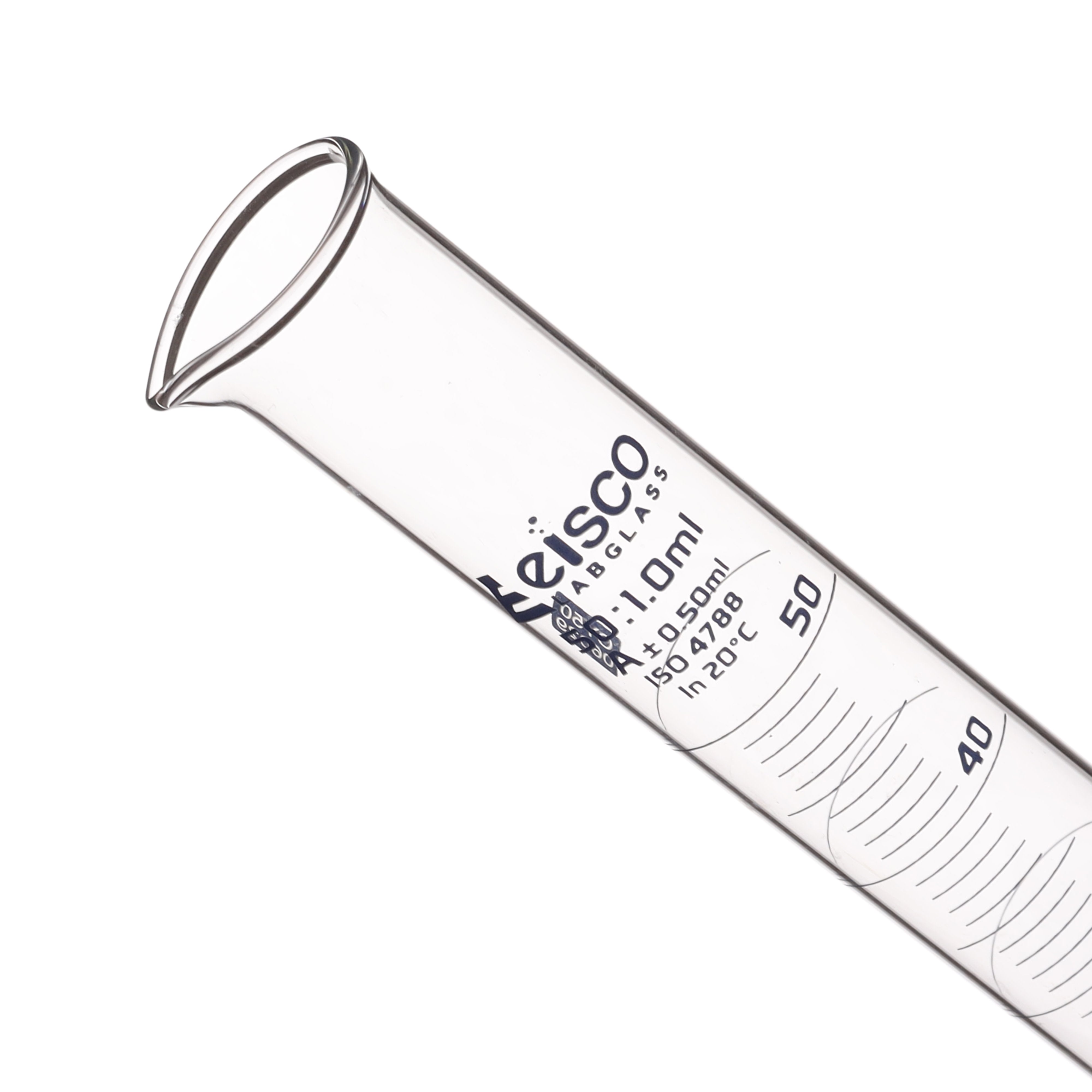 Borosilicate Glass Graduated Cylinder, 50 ml, 0.5 ml Graduation, Class A, Autoclavable