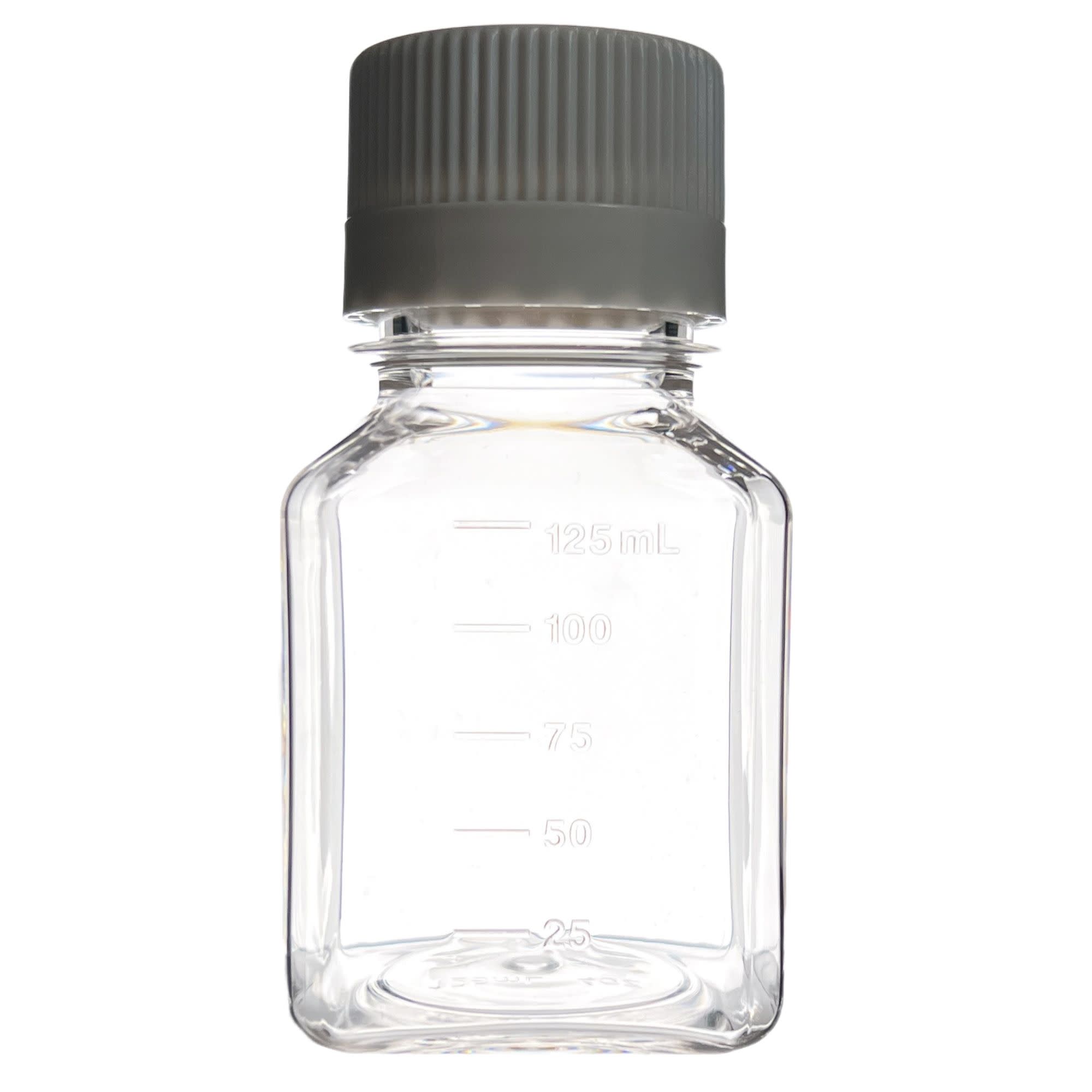 Pack of 24, 125mL PETG Media Bottles with HDPE Caps, Non-Sterile, Square, Leakproof, Tamper-Evident, Laboratory-Grade