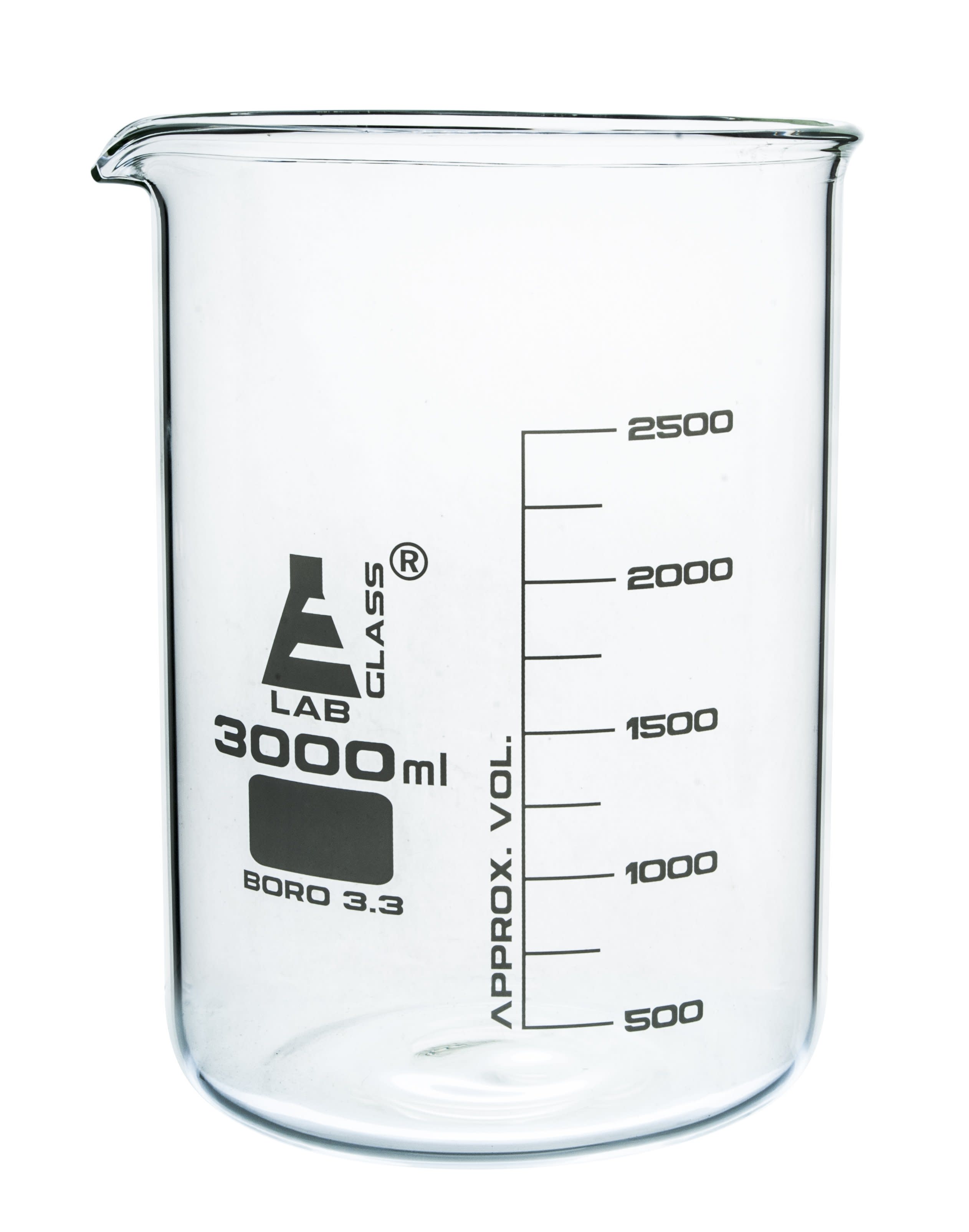 Borosilicate Low Form Beaker, 3000ml, 250ml Graduation, Autoclavable