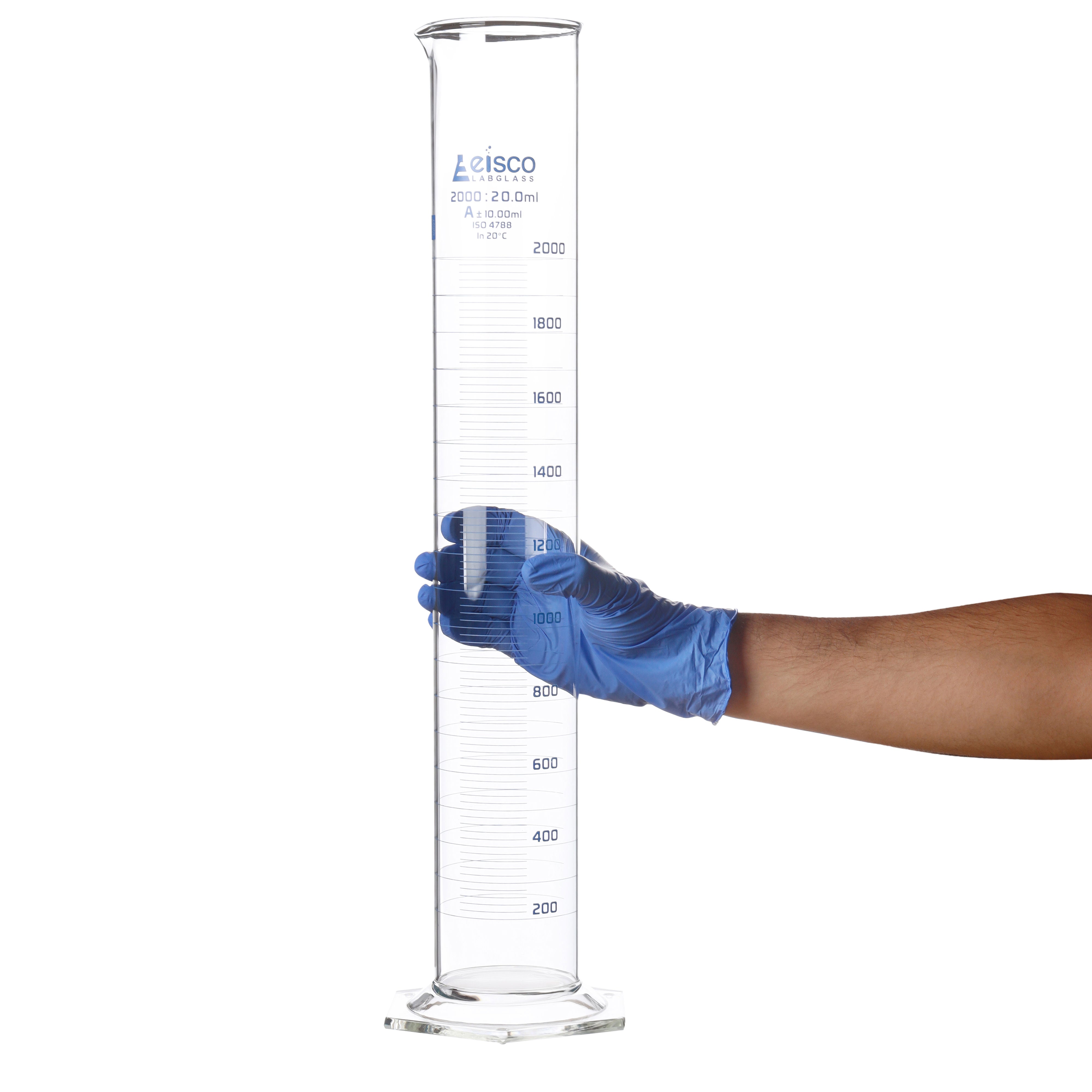 Borosilicate Glass Graduated Cylinder, 2000 ml, 20 ml Graduation, Class A, Autoclavable