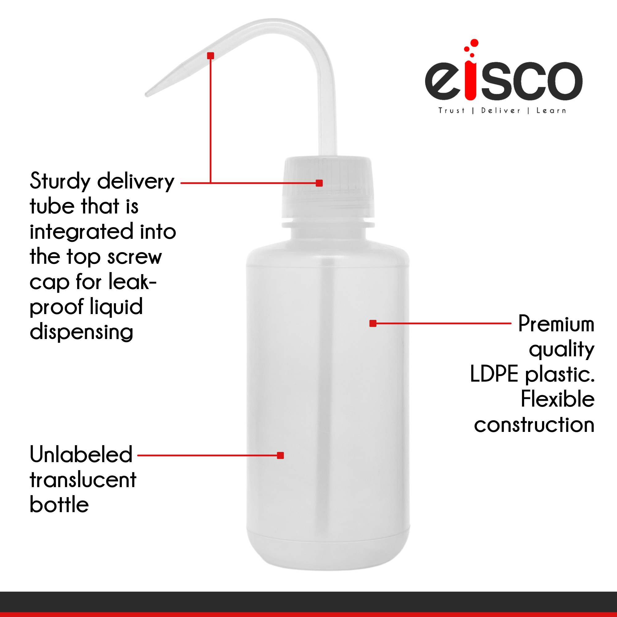 Low Density Polyethylene (LDPE) Premium Wash Bottle, 250 ml, Non Flexible Delivery Tube