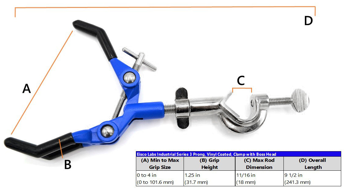3 Finger, Vinyl Coated, Lab Clamp with Boss Head,  4.125" (10.5 cm) Maximum Clamp Opening